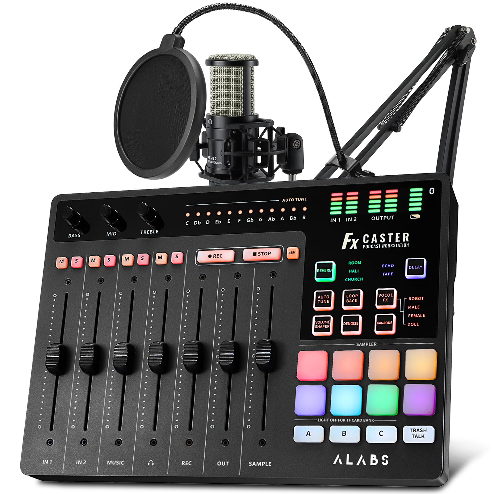 ALABS Fxcaster Podcast Equipment Bundle - All-in-One Podcasting Starter Setup with 7-Channel Soundboard, Audio Interface, and 25