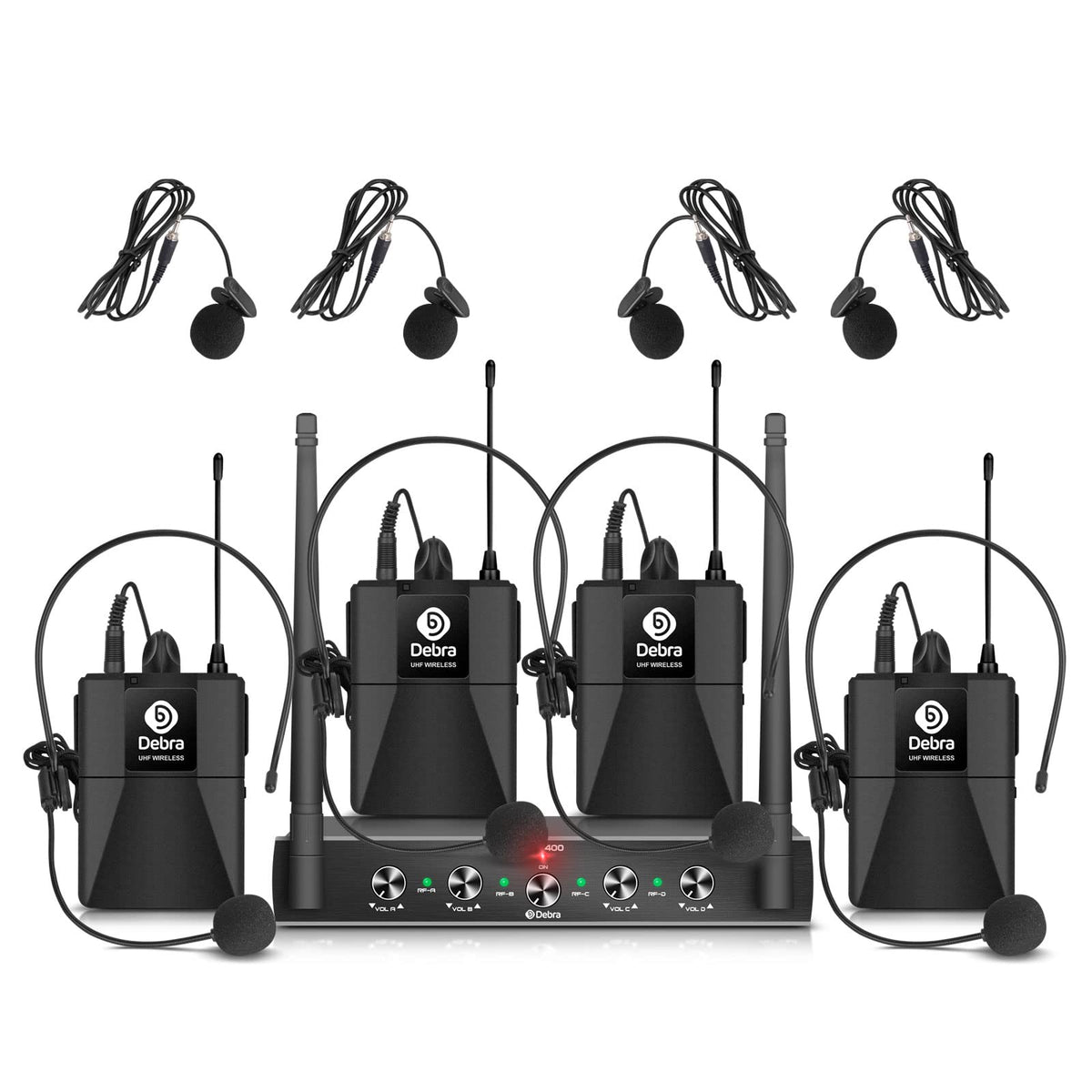 D Debra Audio Au400 Pro Uhf 4 Channel Wireless Microphone System With Cordless Handheld Lavalier Headset Mics, Metal Receiver, I