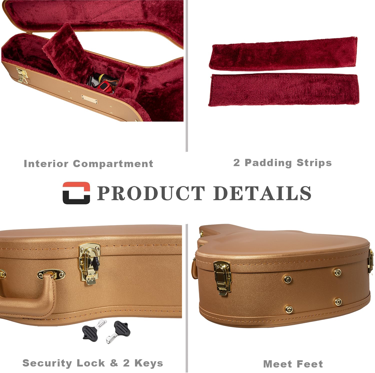 Crossrock Wooden Dreadnought Acoustic Guitar Case for Gibson J-45 / Martin D-Style | Luxury Gold Faux Leather, Burgundy Velvet I