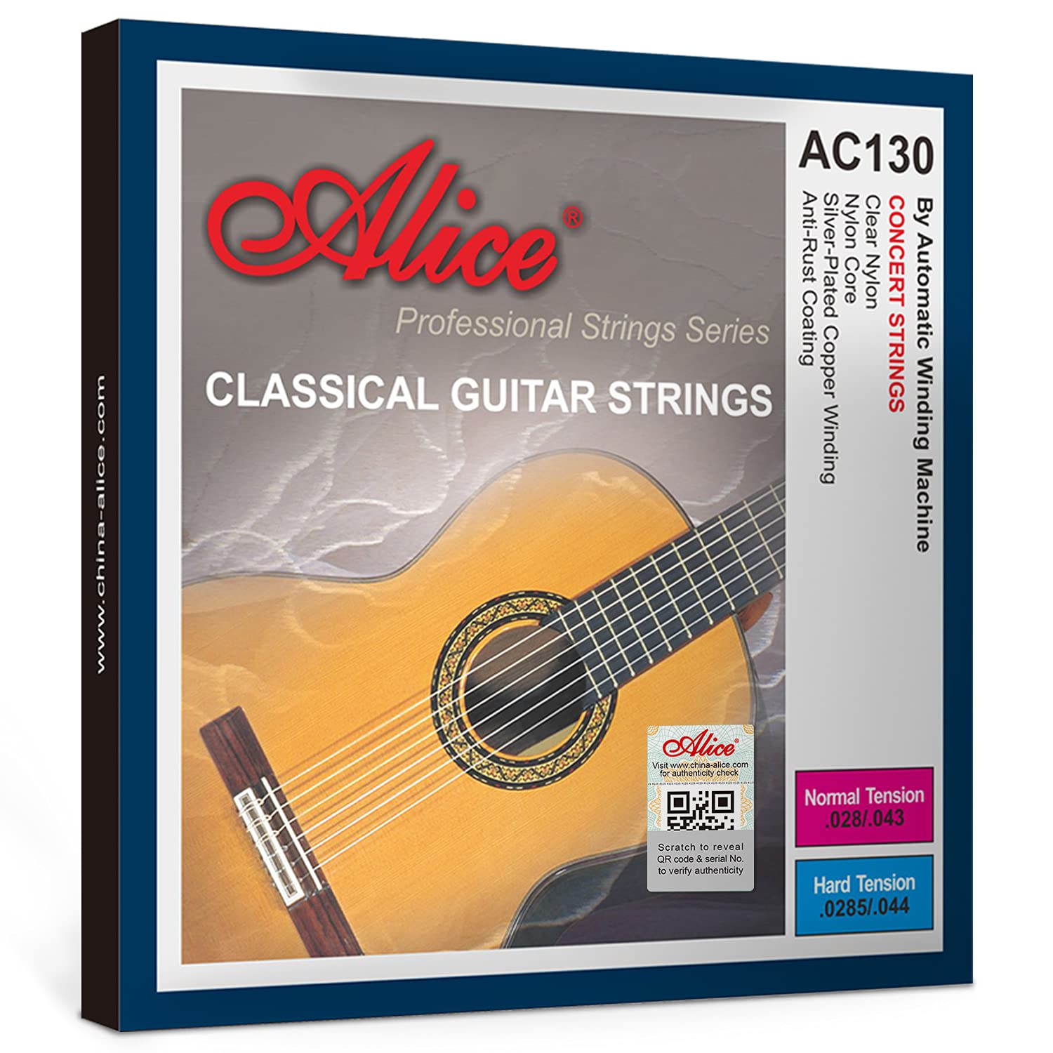 Alice Nylon Classical Guitar Strings .0285-.044 Hard Tension With Sliver Plated Copper Winding Anti-Rust Coating, 2 Sets