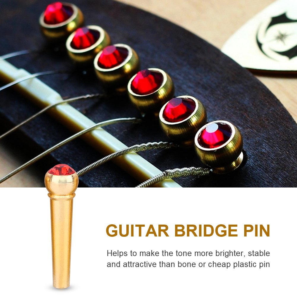 6Pcs Bridge Pin Copper Material Folk Acoustic Guitar Bridge Pin Peg Nail with Colorful Crystal Glass Dot(Red)