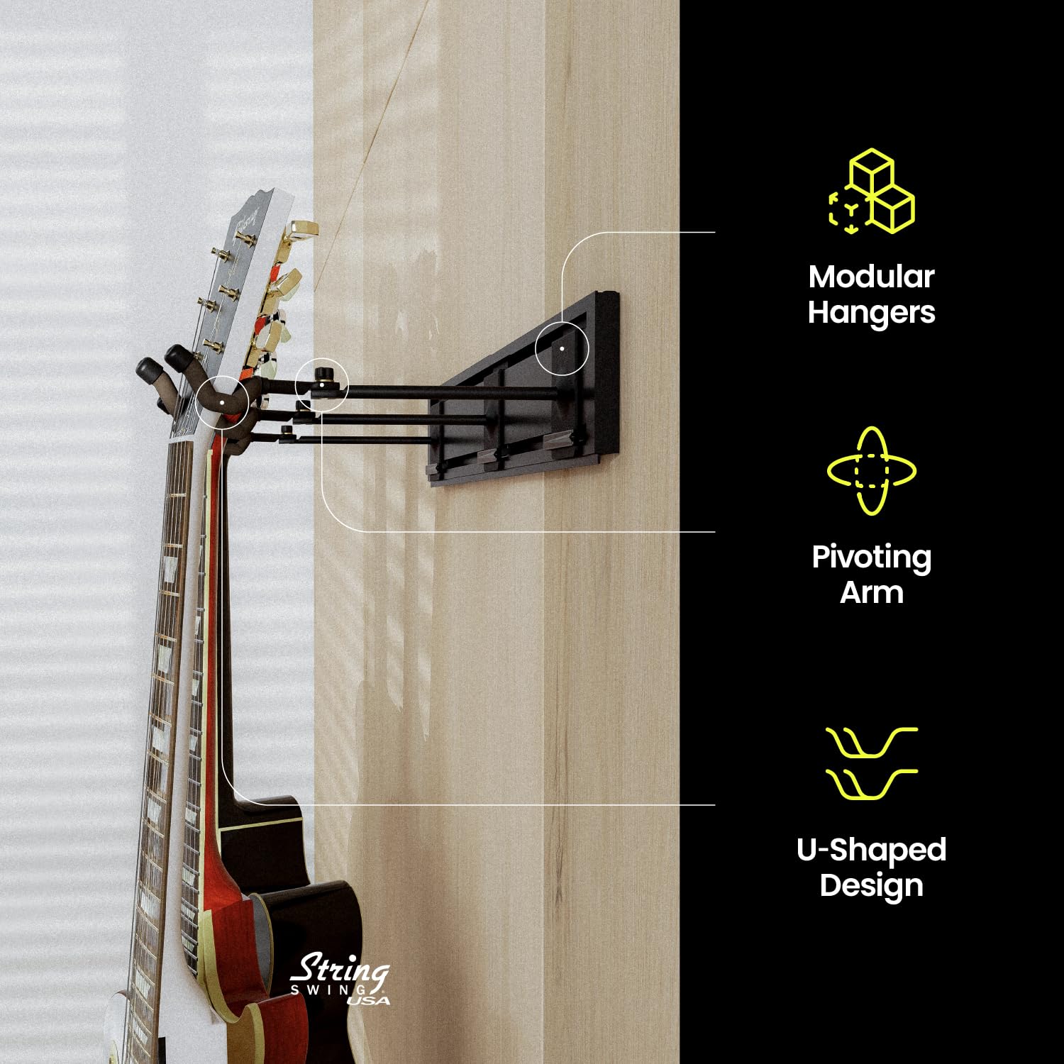 String Swing Guitar Wall Rack, Multiple Guitar Wall Mount, Guitar Organizer for Acoustic & Electric Guitars, 3 Padded Arm Hanger