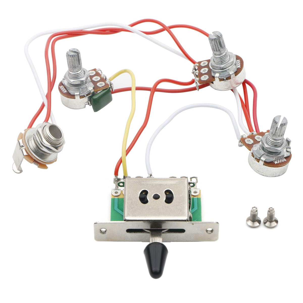 Jiuwu Strat Guitar Wiring Harness Prewired 3X 500K Pots 1 Volume 2 Tone Control Knobs 5 Way Switch