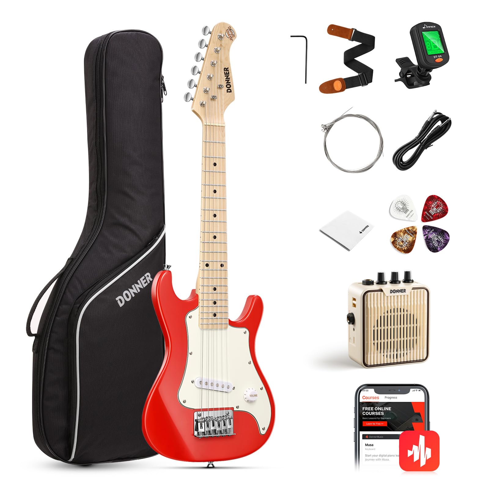 Donner 30 Inch Kids Electric Guitar Beginner Kits St Style Mini Electric Guitar For Boys Girls With Amp, 600D Bag, Tuner, Picks,