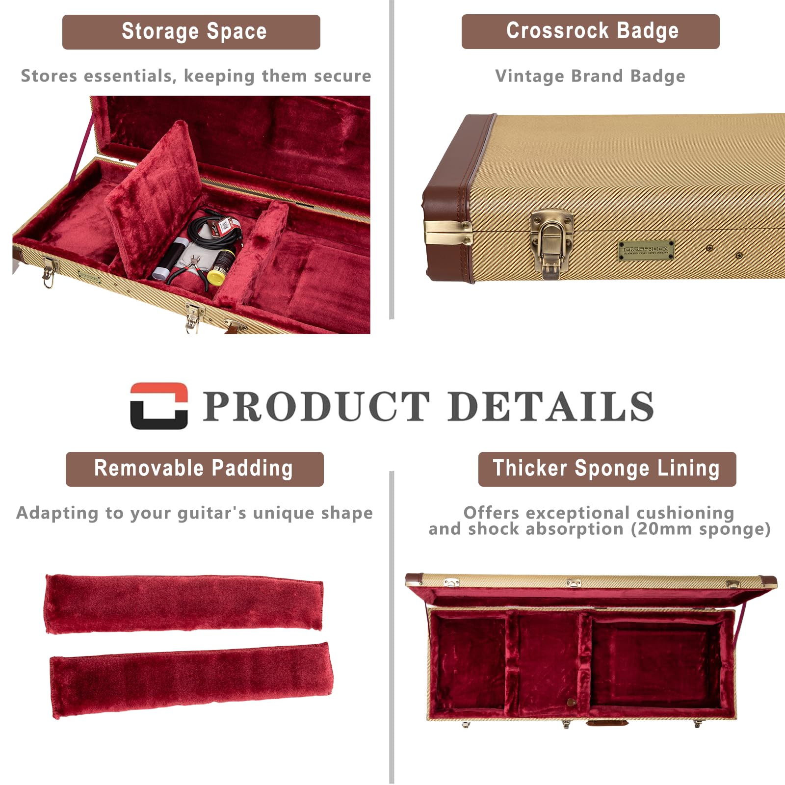 Crossrock Master Series Fender Precision & Jazz Bass Guitar Case | Classic Fabric Tweed Exterior, Re-Engineered Wooden Shell, Le