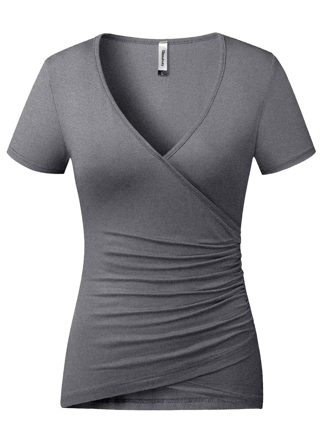 Beauhuty Womens T-Shirts Short Sleeve Deep V Neck Slim Fitted Front Surplice Wrap Tees Ruched Top (Xl, Short-Heather Grey)