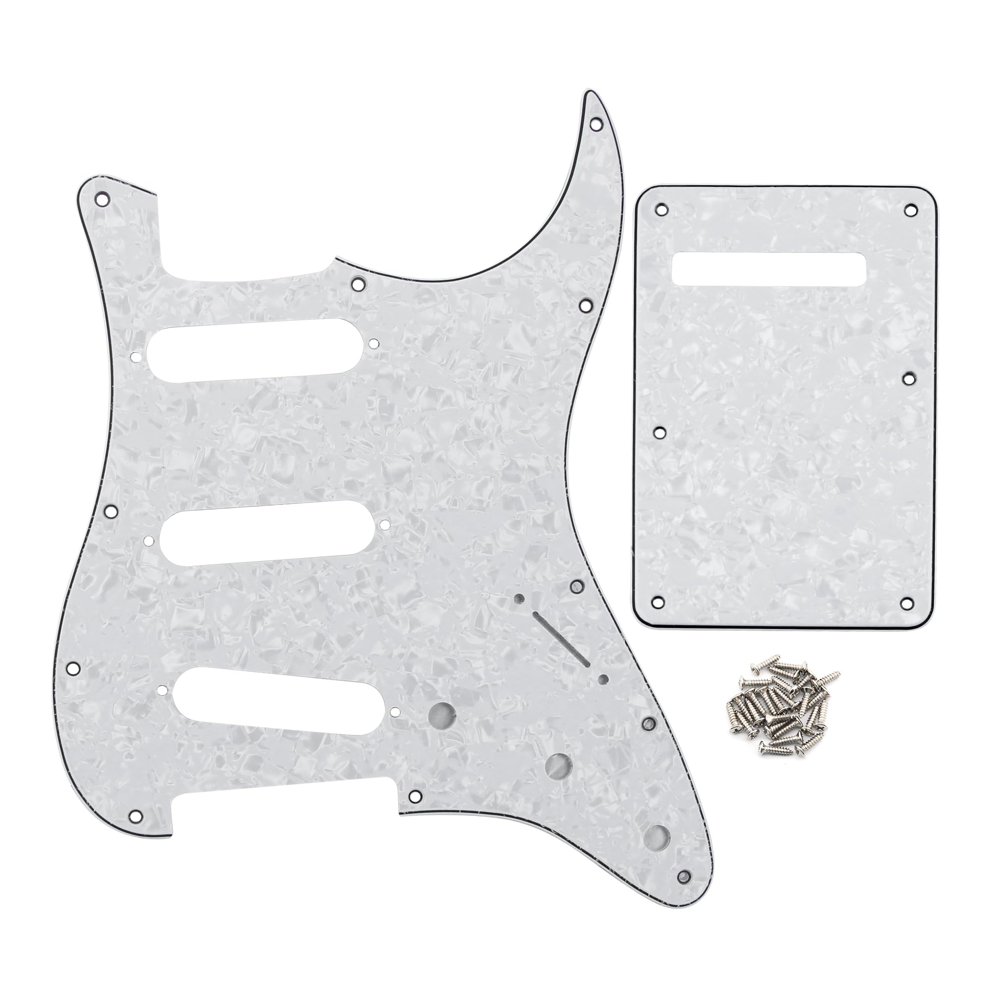 FLEOR SSS 11-Hole Electric Guitar Pickguard with Backplate and Pickguard Screws Set for ST Style Guitar Part,4Ply White Pearl