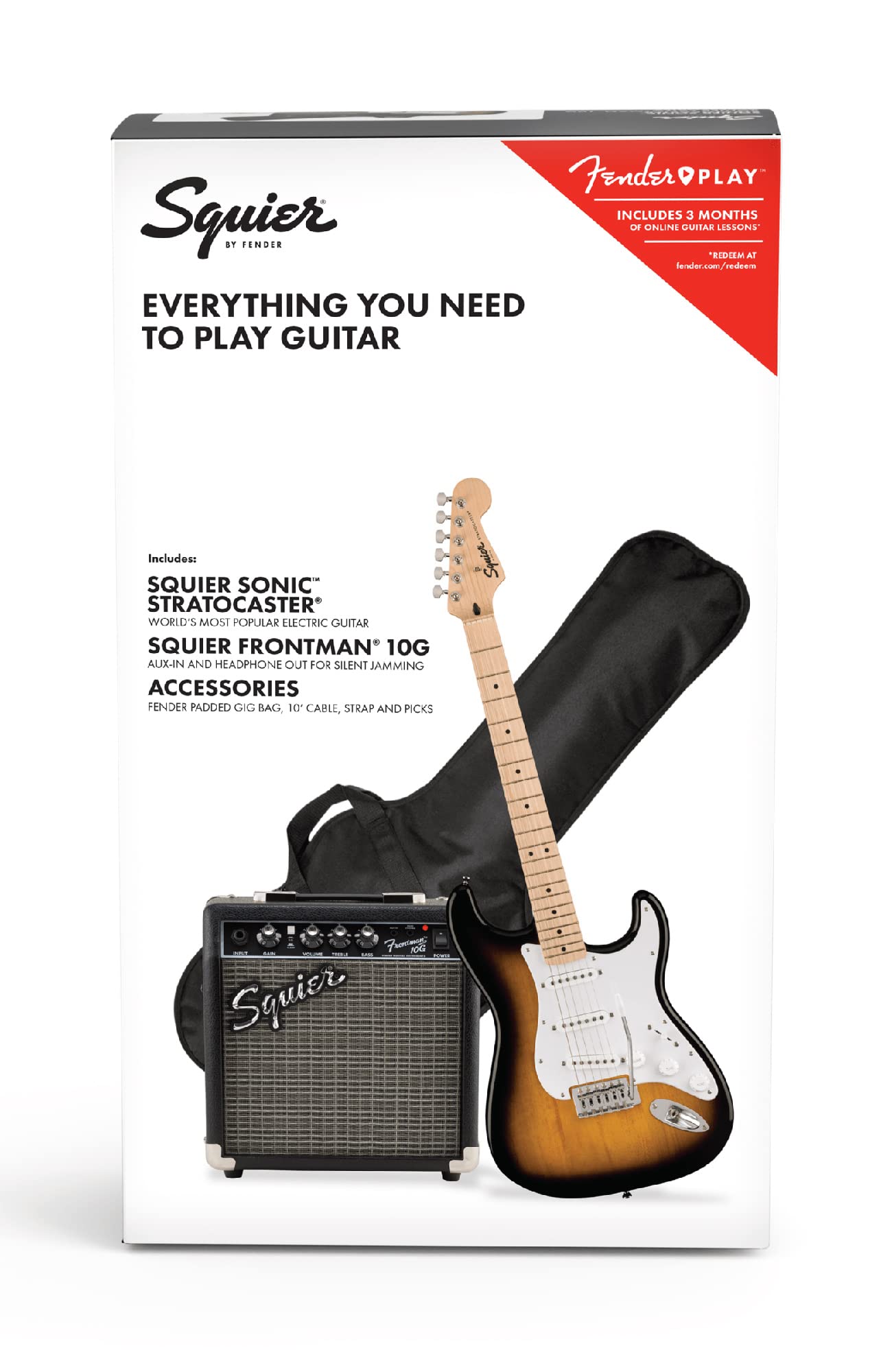 Fender Squier Sonic Strat Pack - 2-Color Sunburst Bundle with Frontman 10G Amp, Gig Bag, Tuner, Strap, Cable, Picks, Fender Play