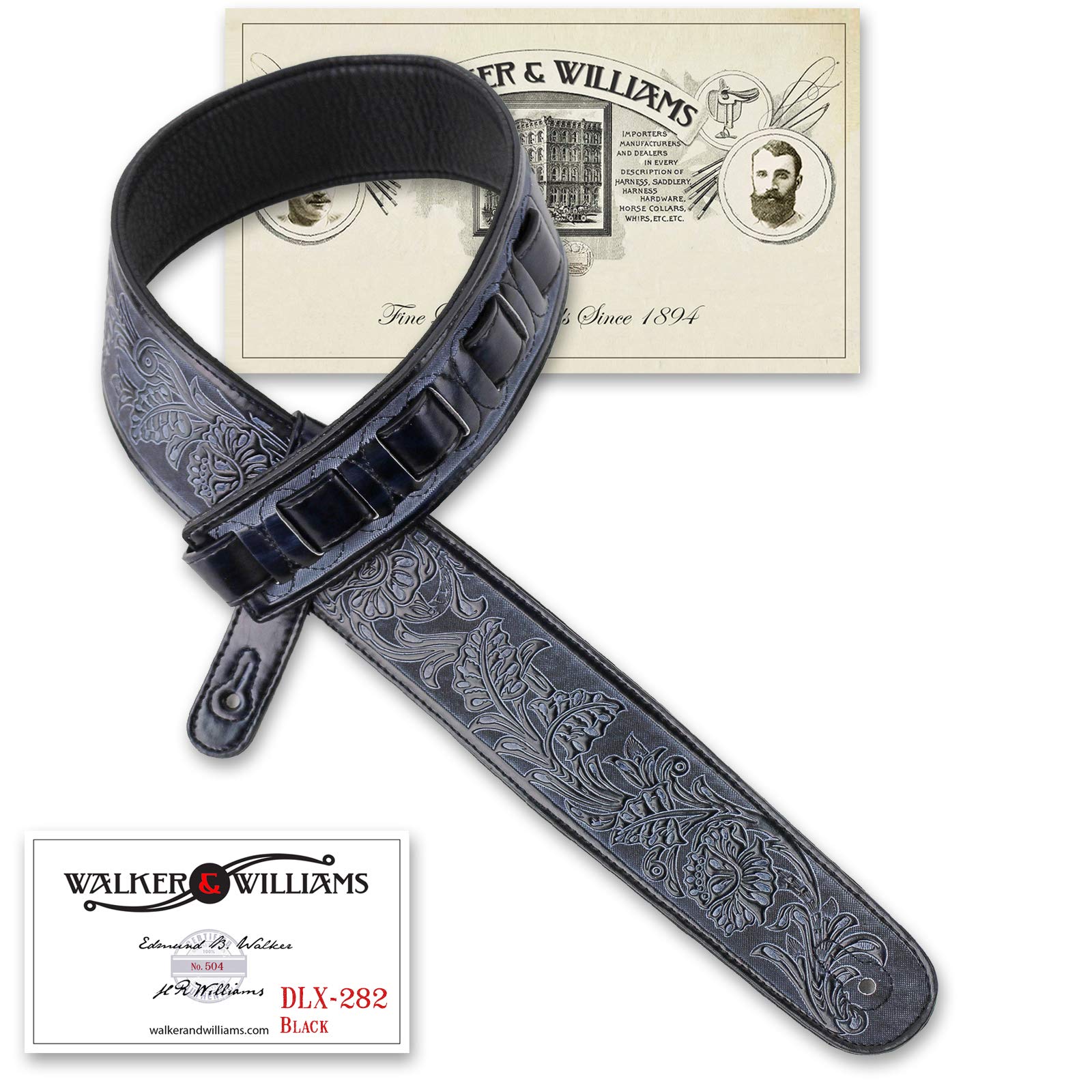 Walker & Williams Dlx-282 Handmade Brushed Black Padded Guitar Strap With Embossed Tooling For Acoustic, Electric, And Bass Guit