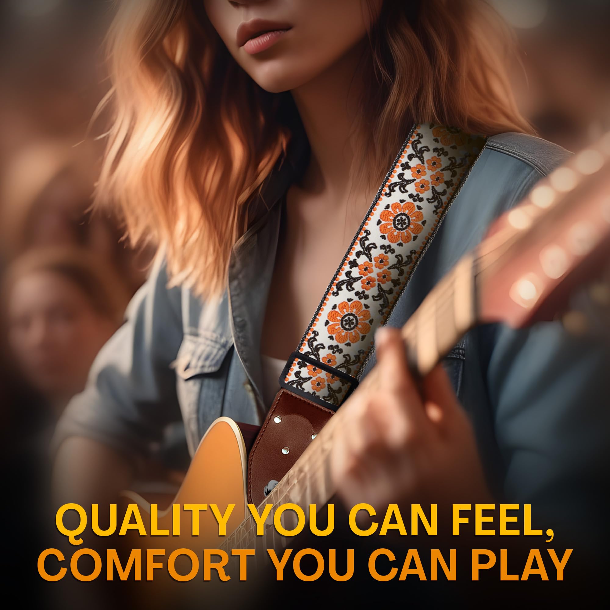 Guitar Strap For Acoustic Guitar , Electric Guitar and Bass Guitar, Adjustable Woven Flowers Guitar Strap W/ FREE BONUS 2 Picks