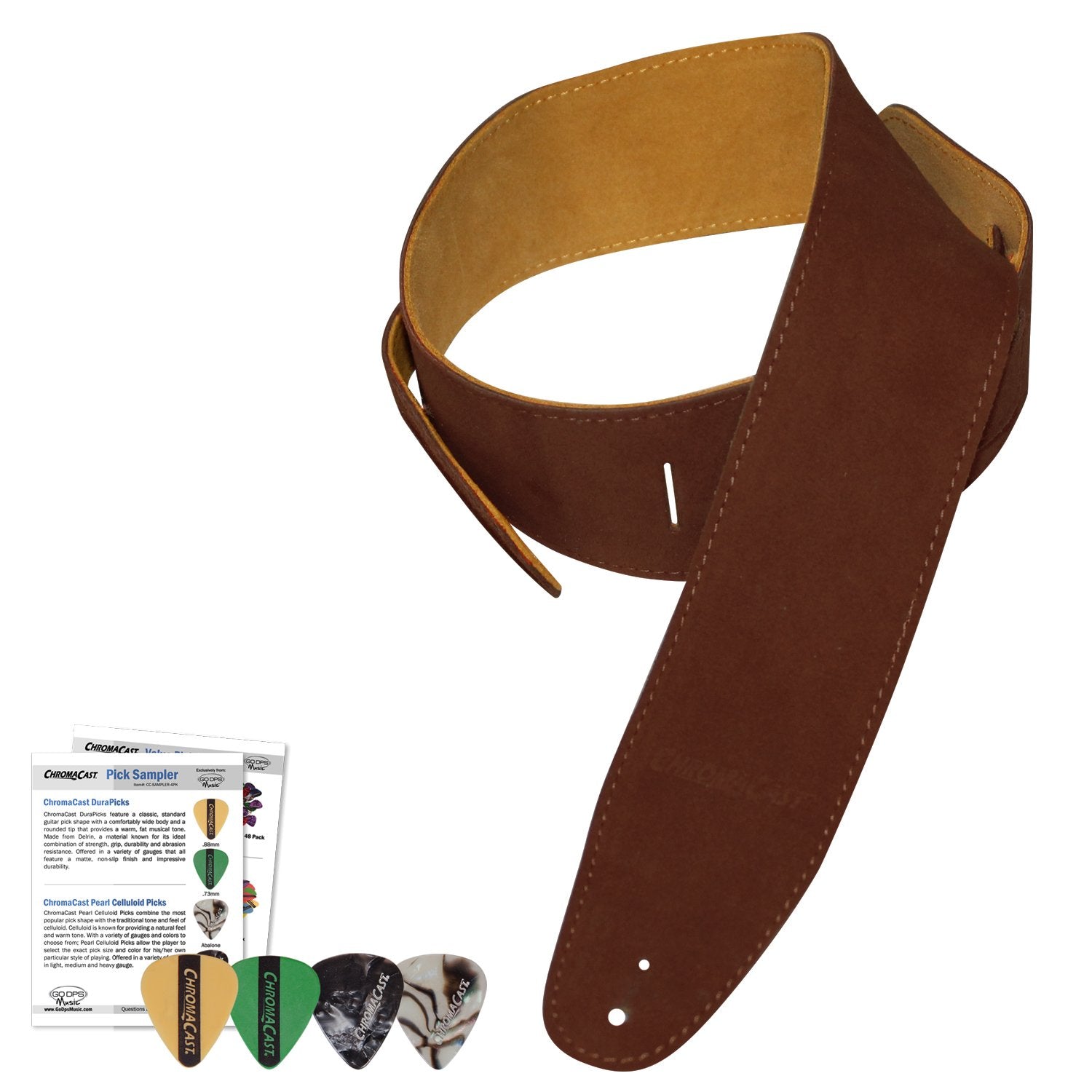 Chromacast Chocolate Suede Guitar Strap With 4 Pick Sampler