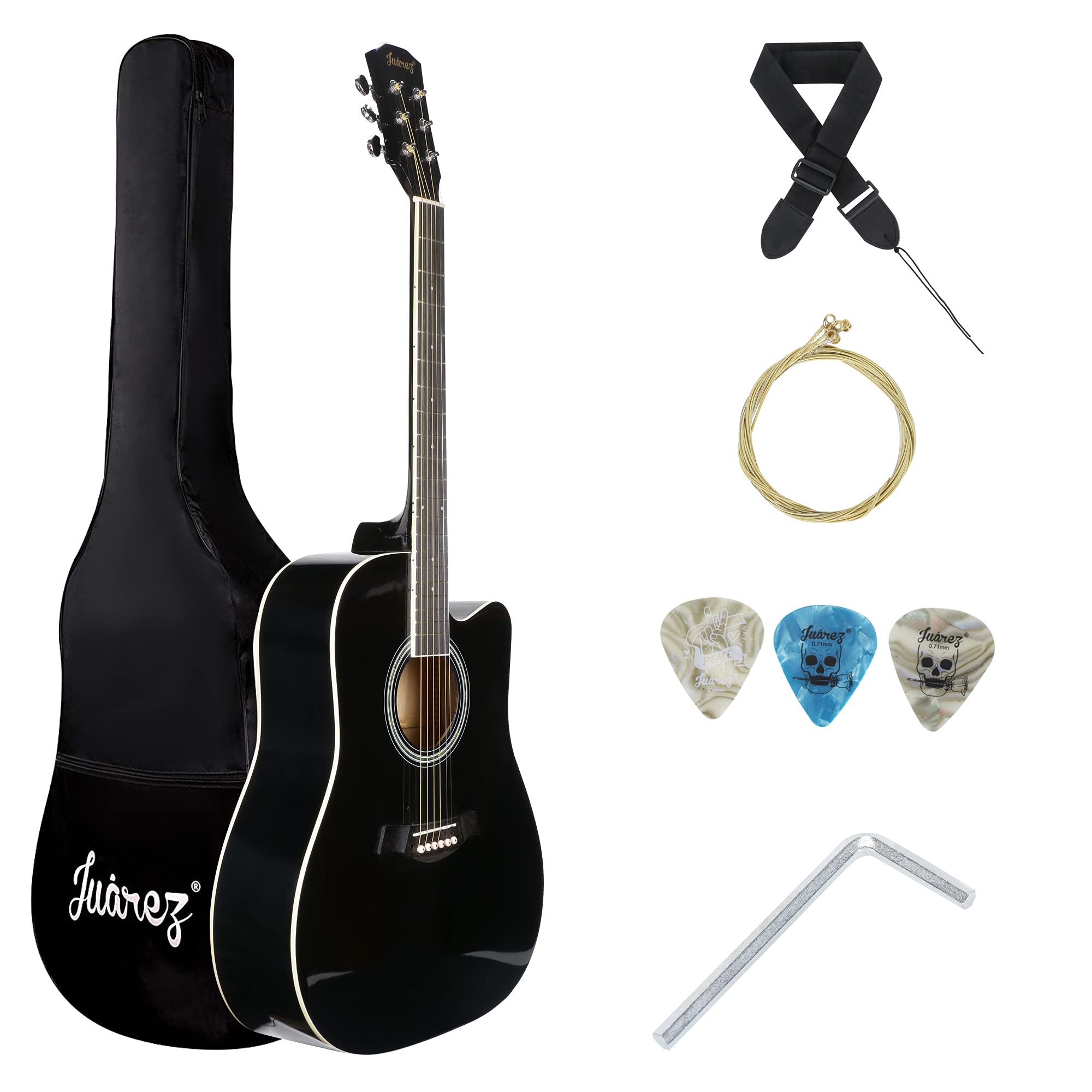 Jurez Acoustic Guitar, 38 Inch Cutaway, 038C with Bag, Strings, Pick and Strap, Black (41INCH KIT, Black)