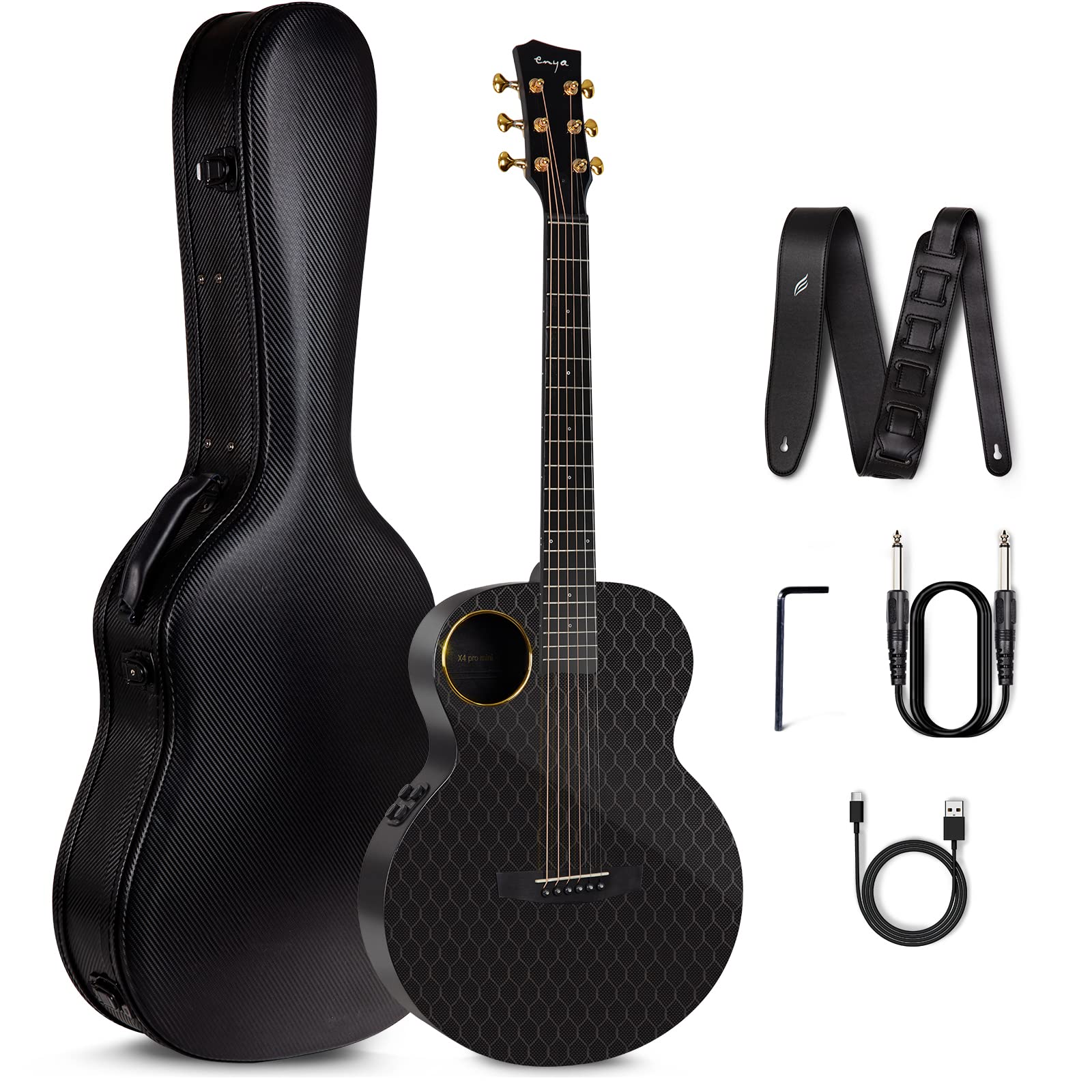 Enya Carbon Fiber Acoustic Electric Guitar X4 Pro Mini Acousticplus 36    3/4-Sized Guitar Bundle With Hard Case, Leather Strap,