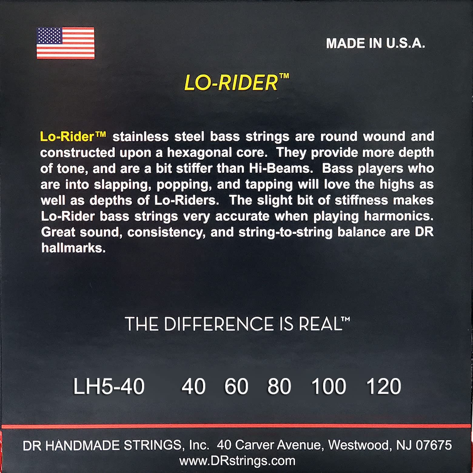 DR Strings Lo-Rider - Stainless Steel Hex Core 5 String Bass 40-120