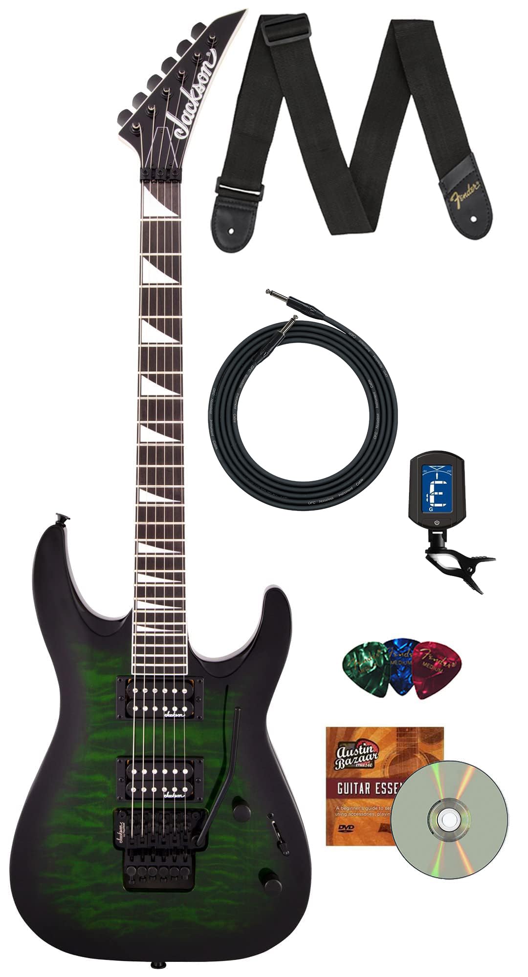 Jackson Dinky Arch Top Js32Q Dka Electric Guitar - Transparent Green Burst Bundle With Cable, Tuner, Strap, Picks And Austin Baz