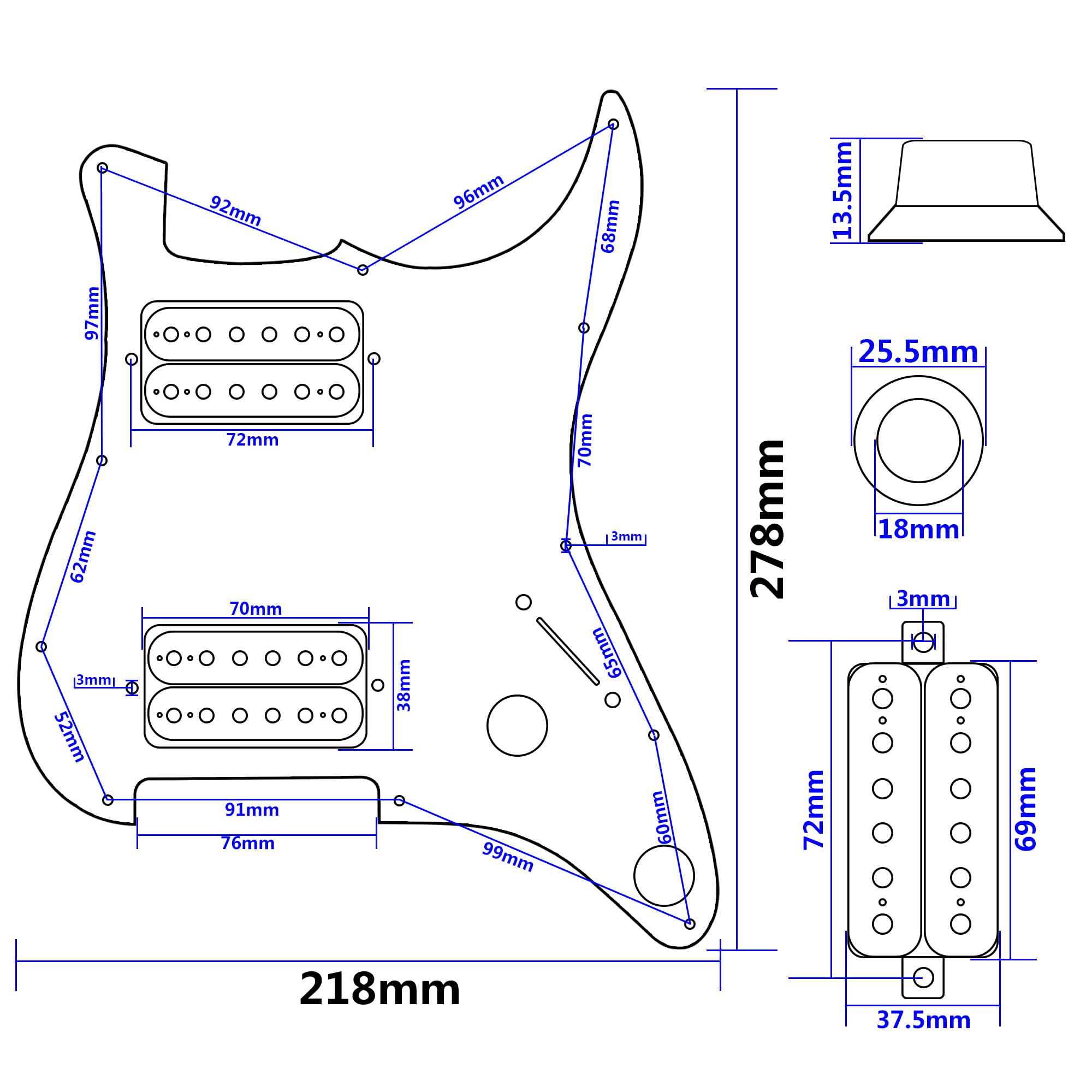 Yootones 11-Hole 3-Ply HH Prewired Loaded Pickguard w/Alnico 5 HH Humbucker Pickups Compatible with USA/Mexican Fender Standard
