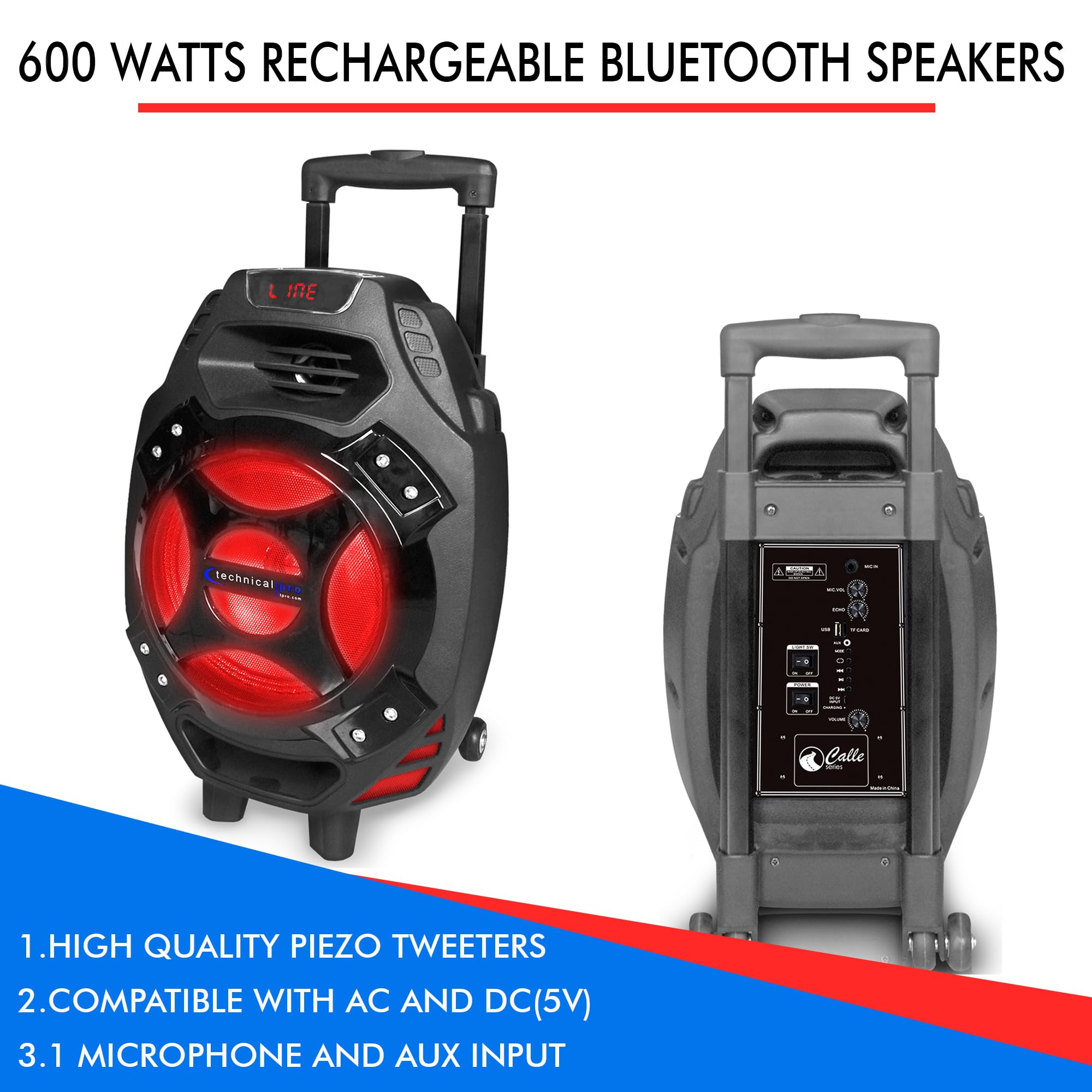 Technical Pro 600 Watts Rechargeable Bluetooth Speakers with Built-in Battery, USB, Mic, Aux and SD Card Inputs Portable LED Spe