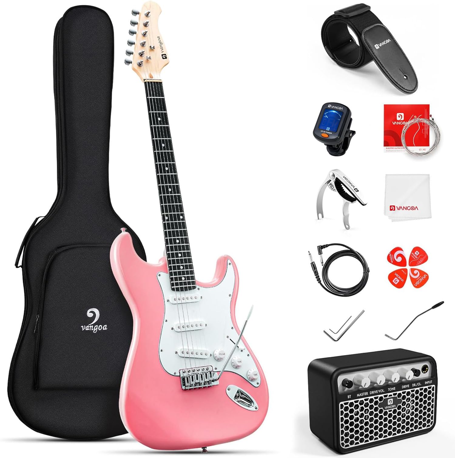 Vangoa 39 Inch Full Size Electric Guitar Beginner Kit Solid Body Pink With Amp, Package With Bag, Tremolo Bar, Strings, Tuner, P