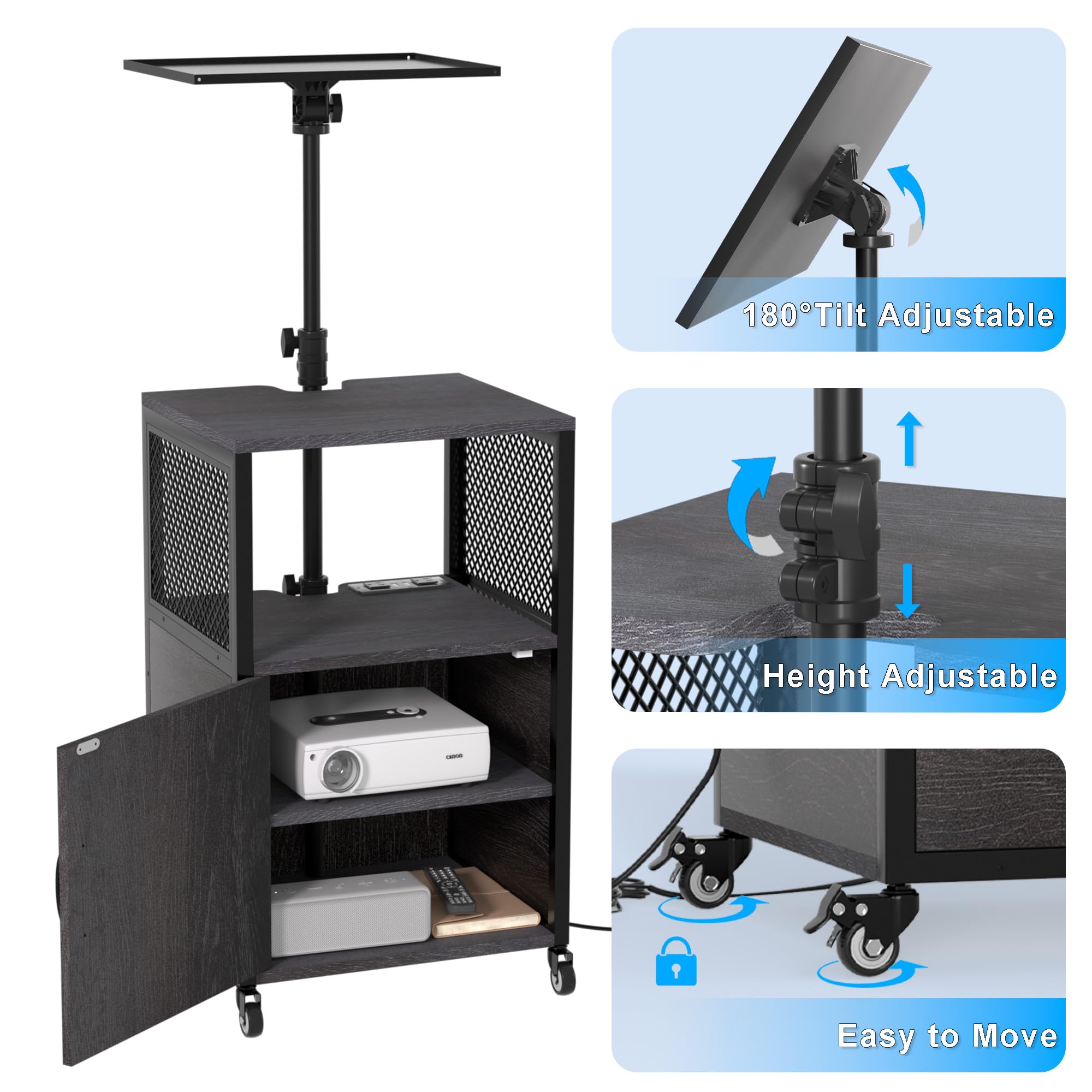 GDLF Projector Stand with Storage Cabinet Heavy Duty Mobile Laptop Tripod Stand with Charging Station and Adjustable Height 28.4