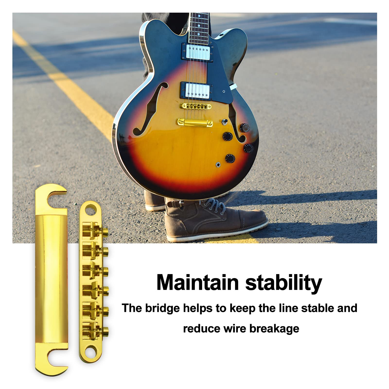SAPHUE A Set of String Saddle Tune-O-Matic Bridge and Tailpiece with Studs for GB LP Style Electric Guitar (Gold)