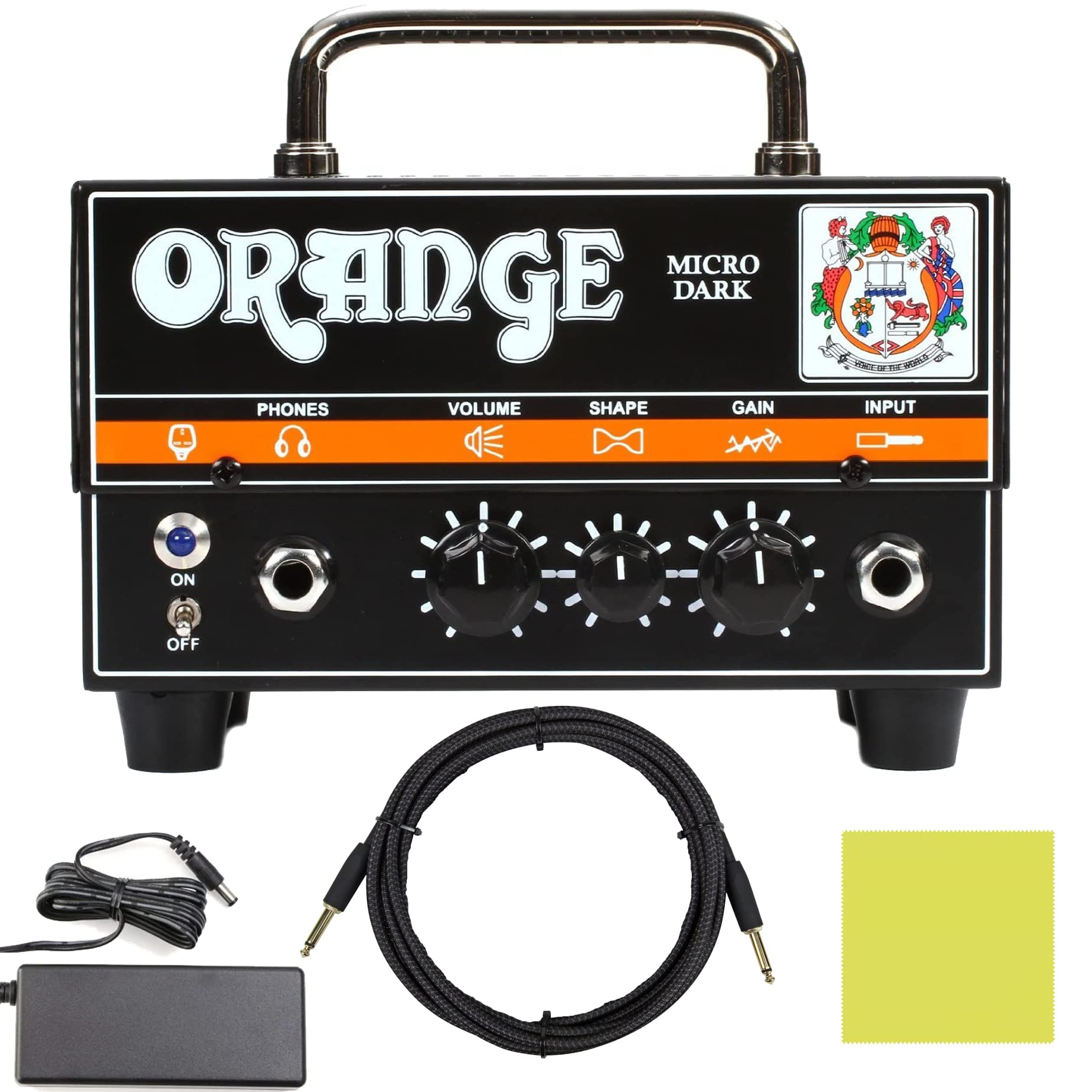 Orange Amp Md20 Micro Dark 20-Watt Mini Guitar Amplifier Head Bundle With Pig Hog Woven Instrument Cable 10Ft, Power Supply, And