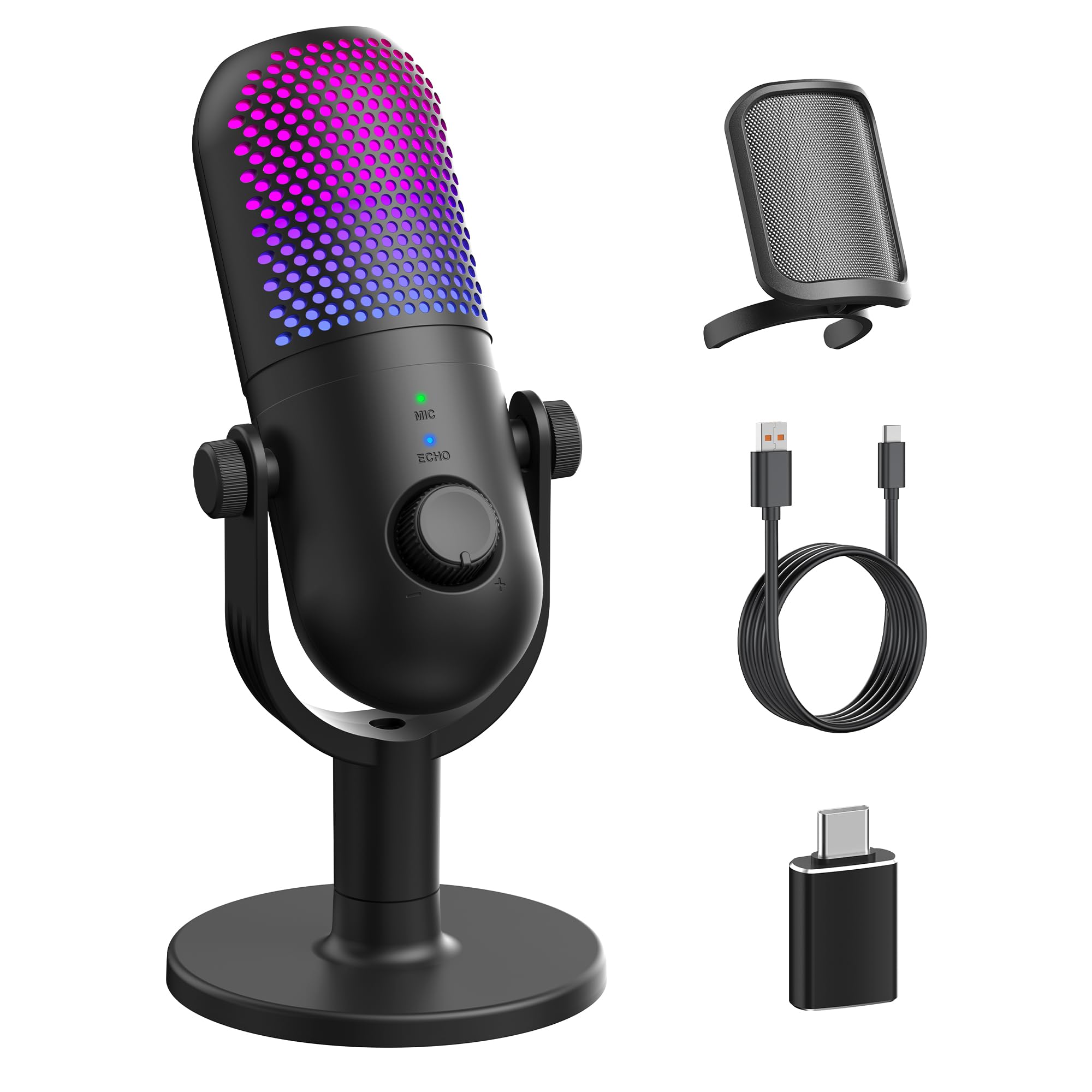 USB Microphone for PC Gaming: Condenser Microphone RGB for Gamer with Stand Mic - Recording Mic for Computer&Laptop with Qiuck M