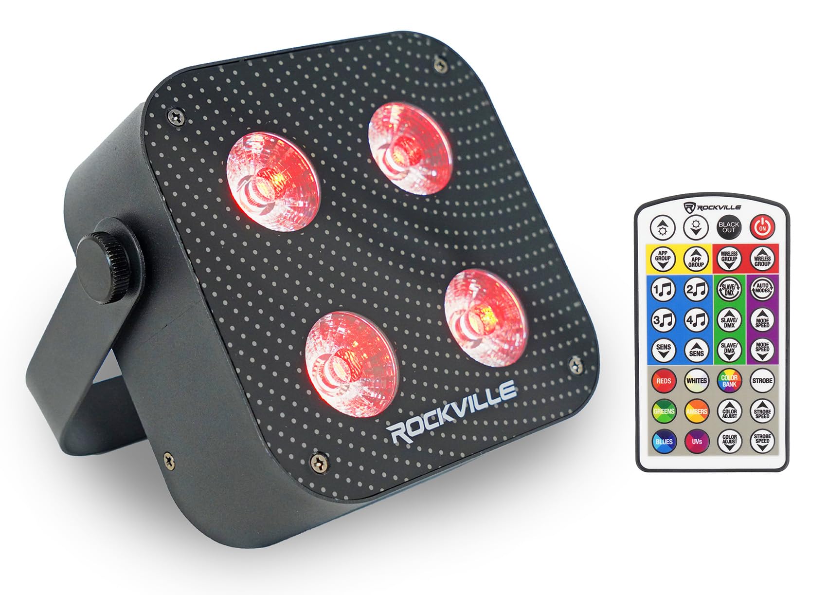 Rockville Mini IR4 Black LED Wash Light, RGBWA+UV, Compact, App Control, LCD, Wireless DMX, Remote, Rechargeable, Perfect for DJ