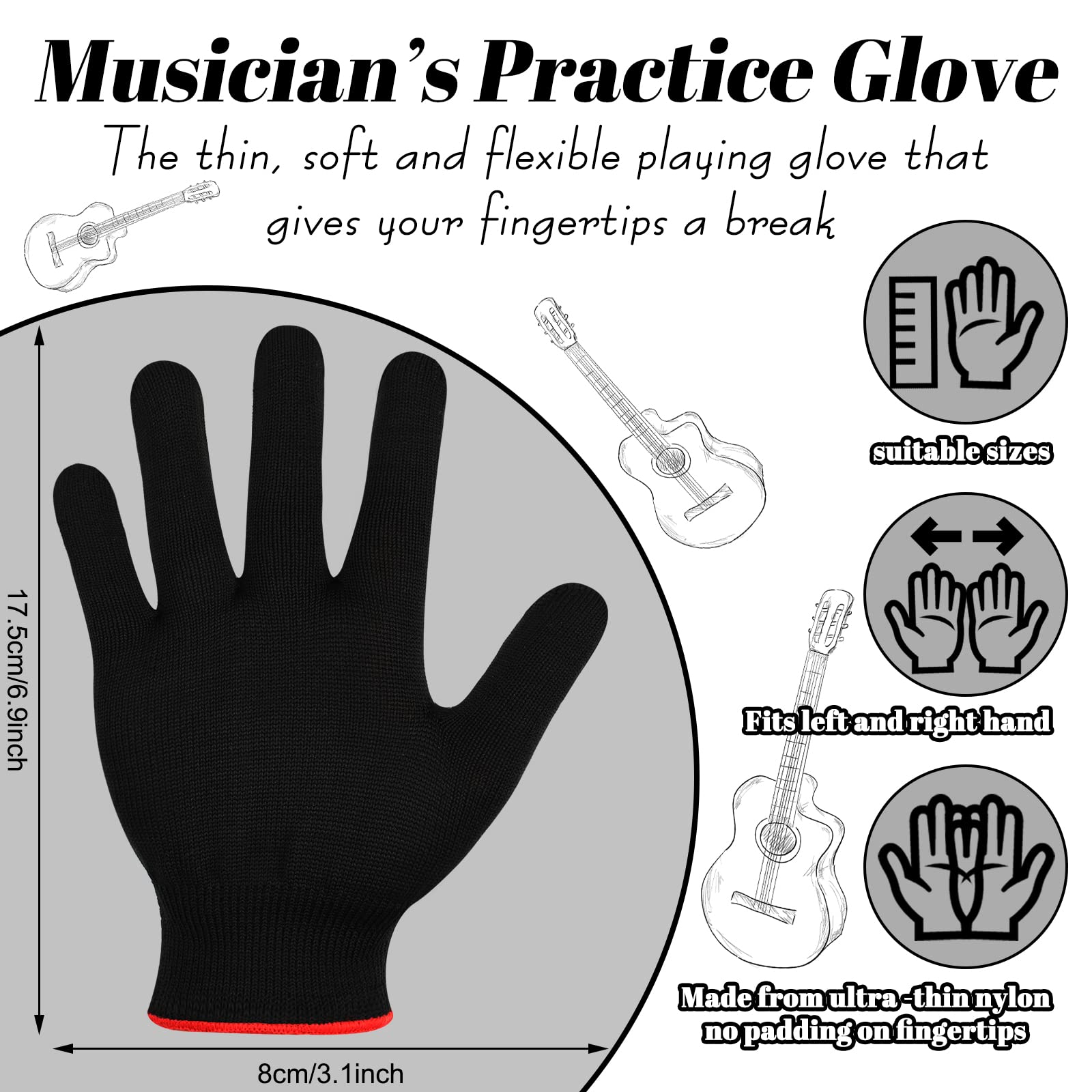 Jiuguva 4 Pack Guitar Gloves Guitar Fingertip Protector for Men Women Practice Gloves for Playing Musical Instruments, Black, me