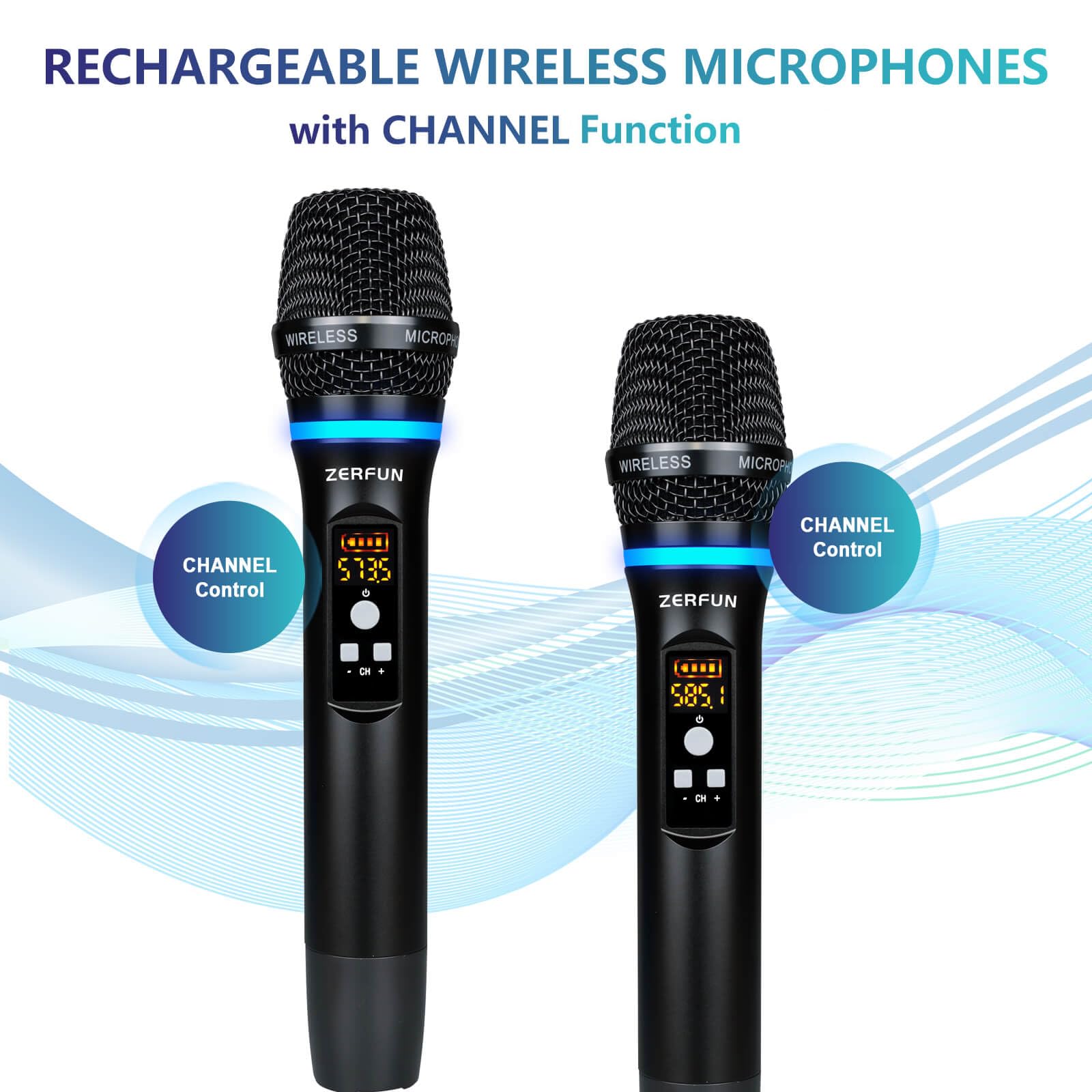ZERFUN Dual Wireless Microphones Rechargeable, UHF Metal Wireless Mic System Cordless Microphone Professional with Channel Contr