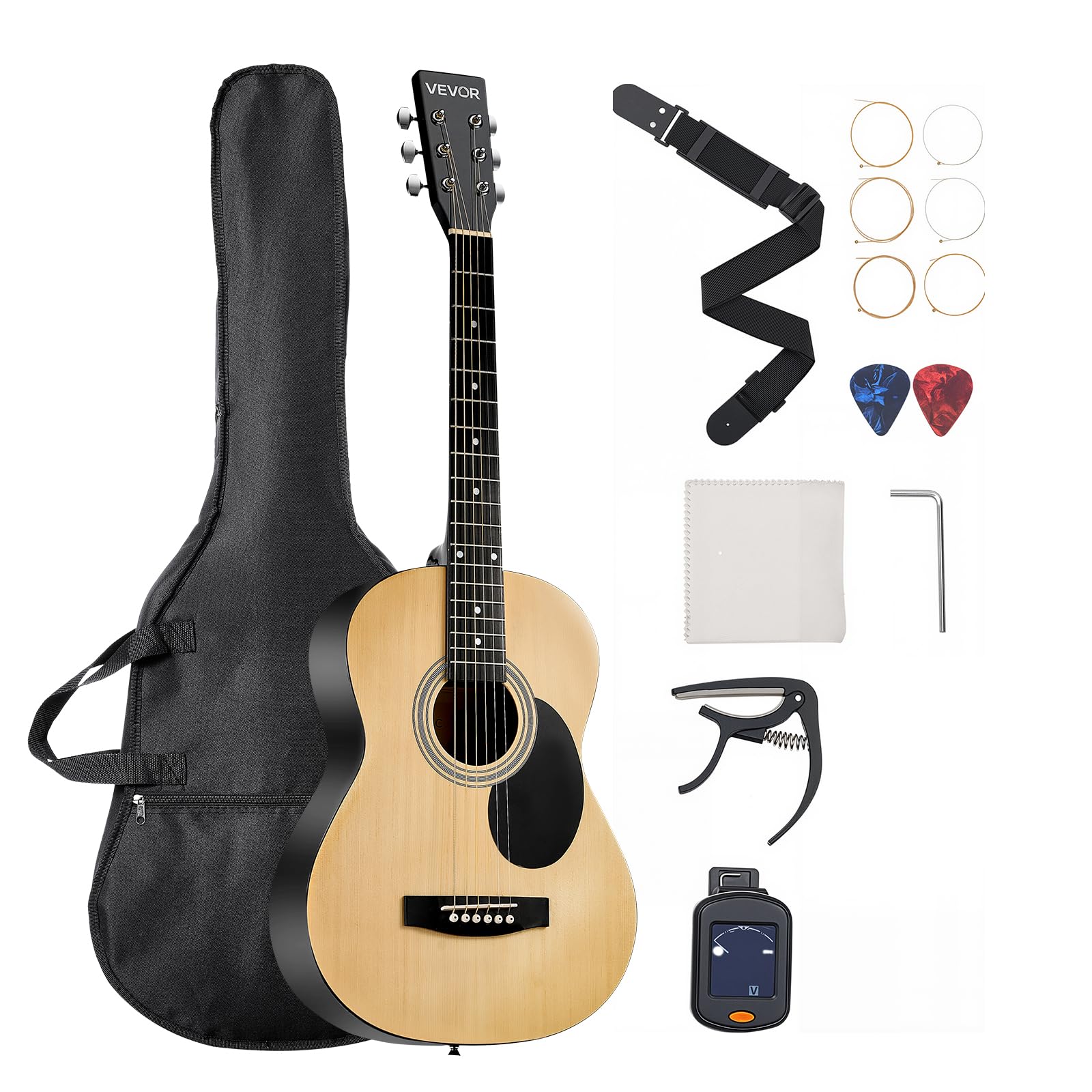 VEVOR Dreadnought Acoustic Guitar, 36 in, 6-String Natural Solid Top Guitar, Portable Bundle with Gig Bag, Tuner, Strap, Steel S