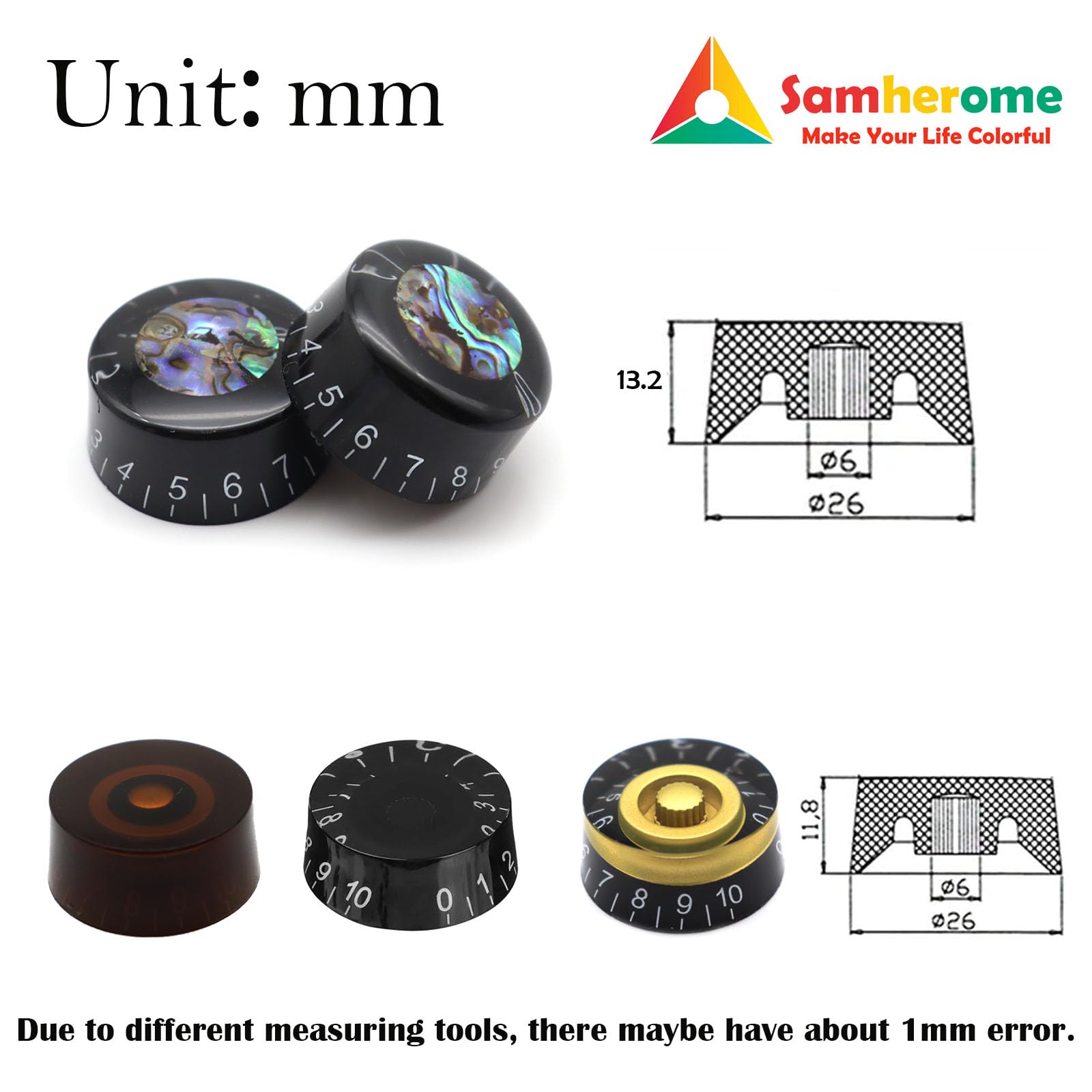 Samherome 4 Colors 16pcs Classic Dark Colors Electric Guitar Knobs Top Hat Volume Tone Control Knobs Turning Speed Control Knob