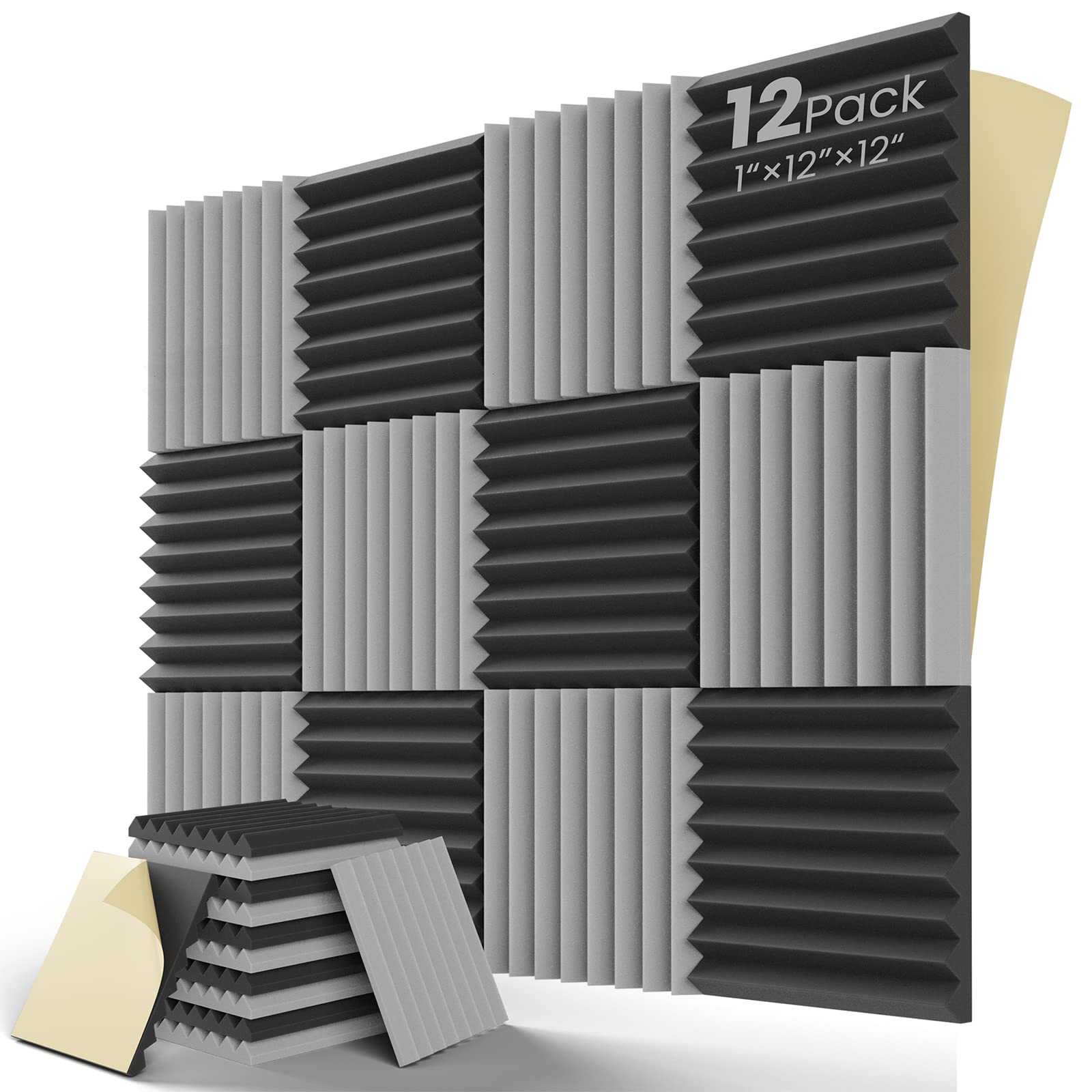 Leiyer Upgrade 12 Pack Sound Proof Foam Panels With Self-Adhesive, 1'' X 12'' X 12'' Quick-Recovery Acoustic Panels, Acoustic Fo