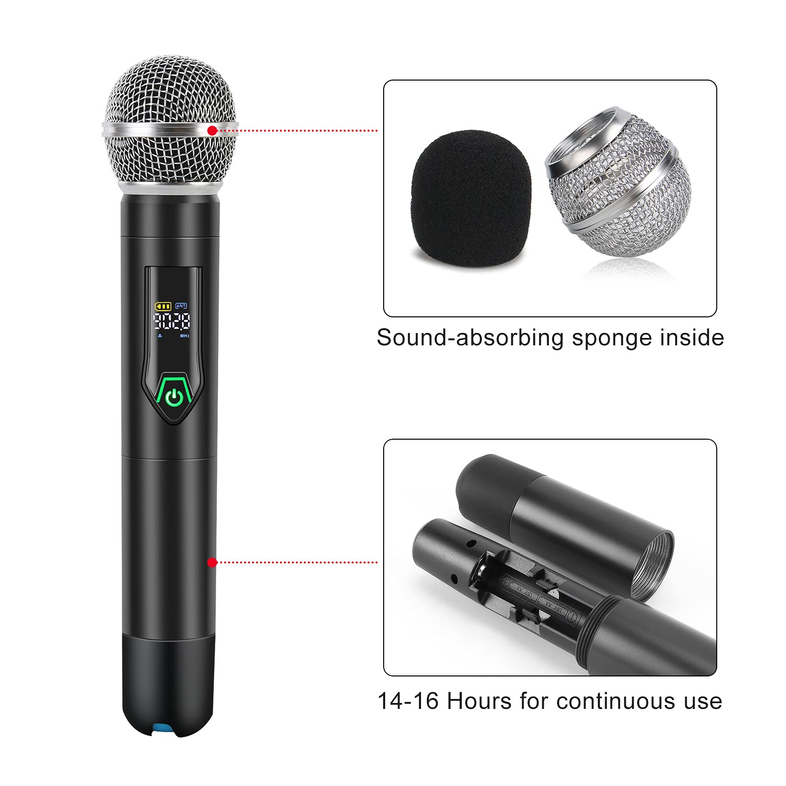 GUDEHOLO Wireless Microphone System with case, Metal UHF Dual Handheld 20 Channels Professional Cordless Mic System for Church,