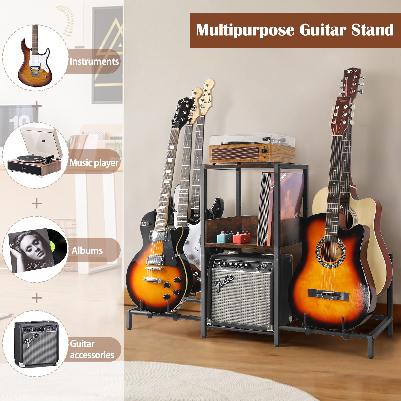 Bikoney Guitar Stand 5-Tier for Acoustic, Electric Guitar, Bass, Guitar Rack Holder Floor Adjustable for Multiple Guitars, Guita