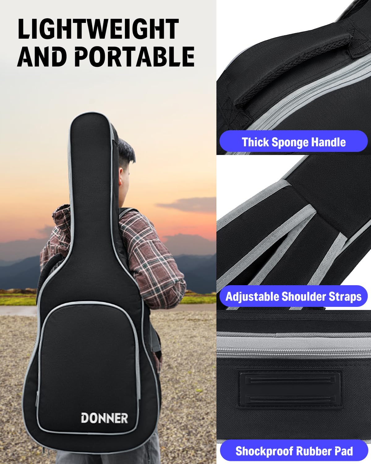 Donner 39 Inch Electric Guitar Case, 5mm Thick Padding Sponge 600D Ripstop Waterproof Nylon Soft Electric Guitar Bag with Dual A