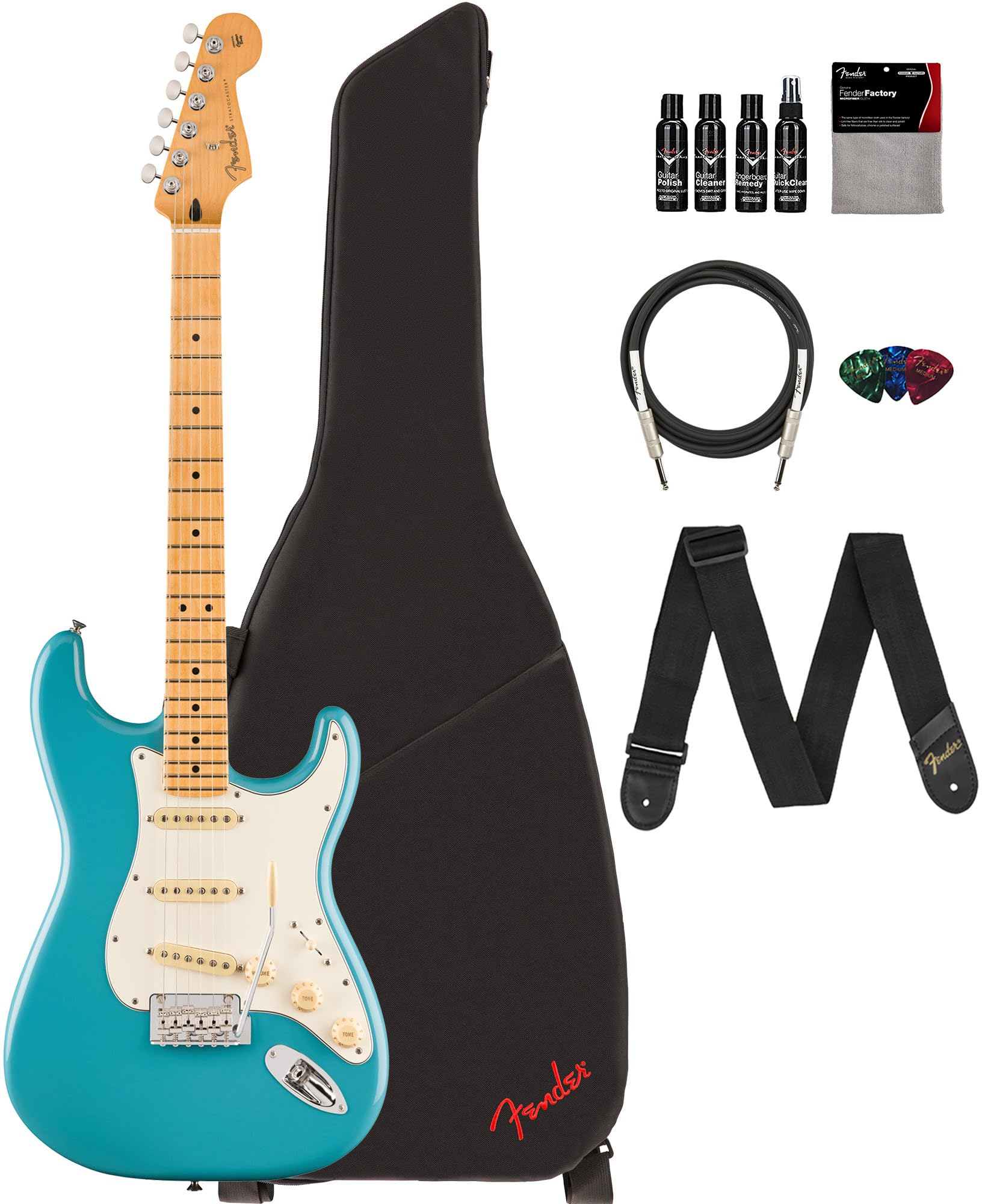 Fender Player Ii Stratocaster - Aquatone Blue Bundle With Gig Bag, Strap, Cable, 3-Pack Picks And Guitar Cleaning Kit