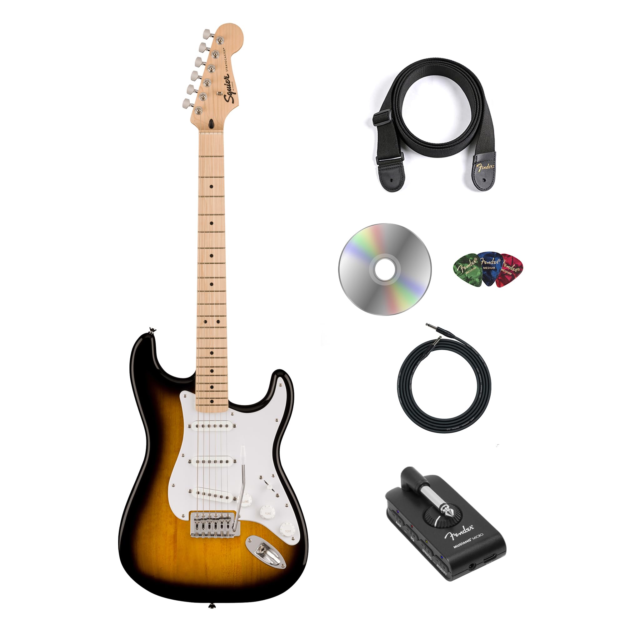 Fender Squier Sonic Stratocaster - 2-Color Sunburst Bundle with Fender Mustang Micro Headphone Amp, Cable, Strap, Picks, and Aus