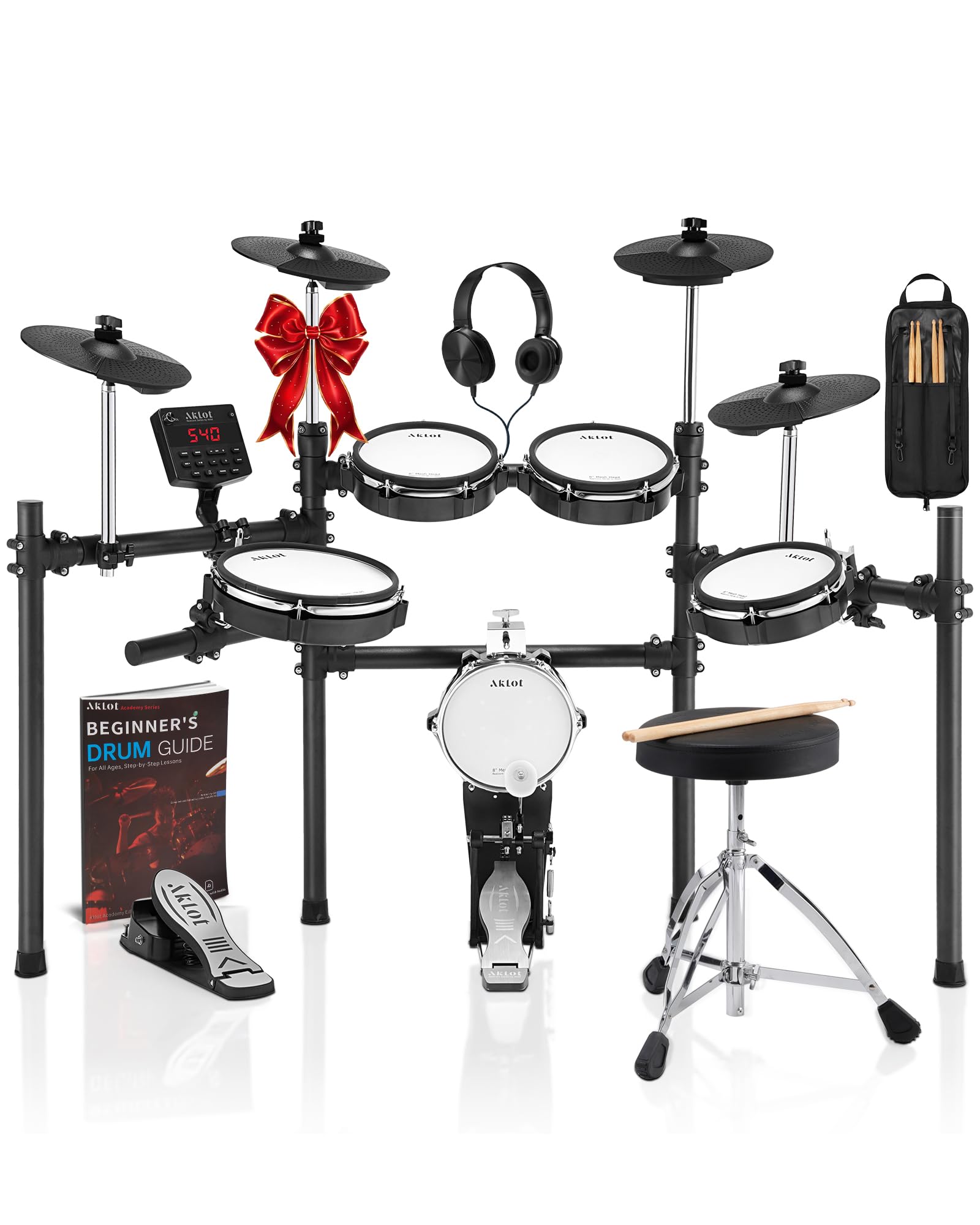 AKLOT Electric Drum Set with Kick-Tower: 4 Dual Zone Mesh Pads, 8 Tower-Style Kick Drum, 10 Snare, Dual Zone 10 Cymbals with Cho