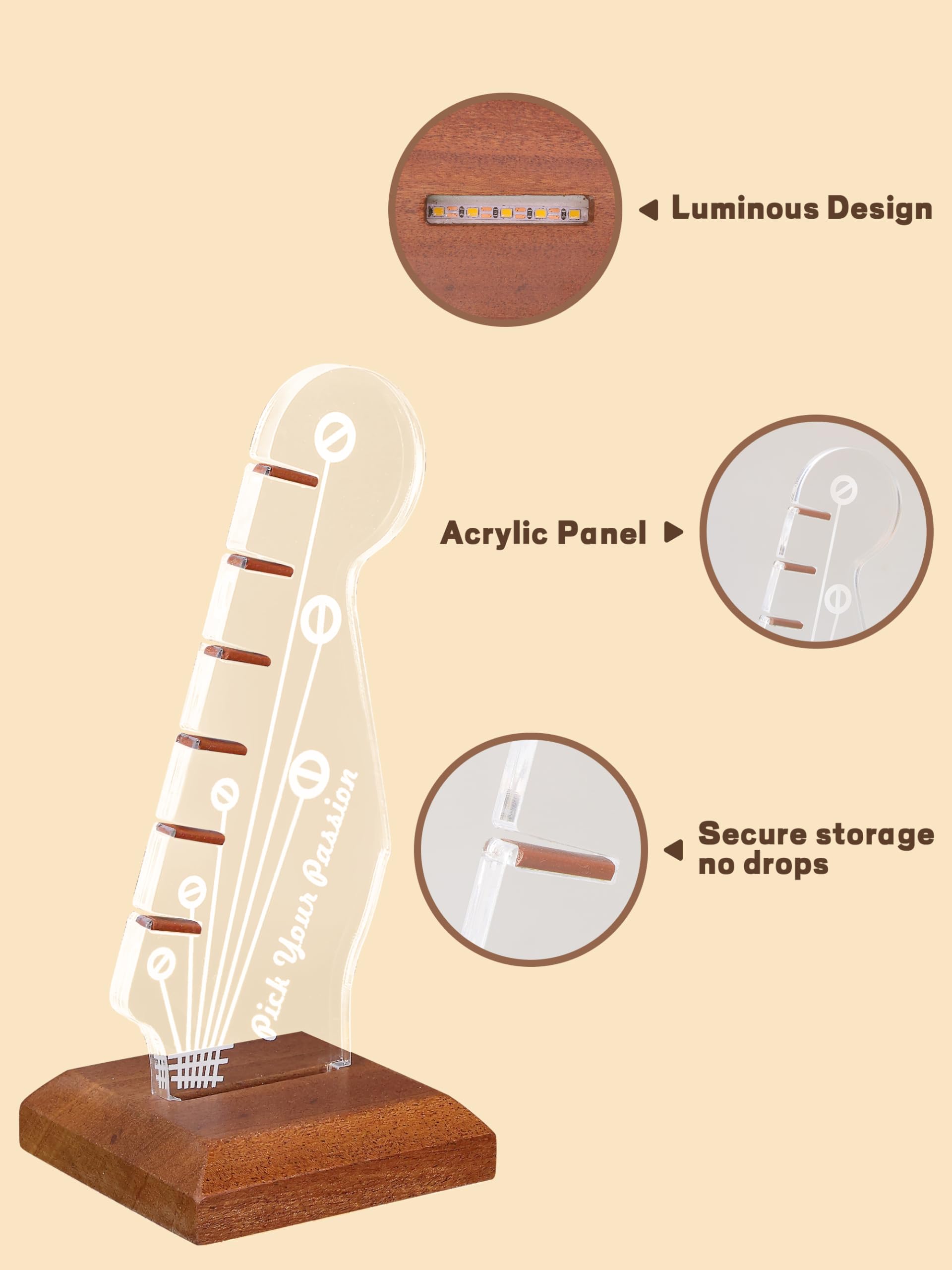 CoolGift Mart Light Up Guitar Pick Holder, Acrylic Electric Guitar Headstock Shaped Pick Holder with Wooden Base for Picks Stora