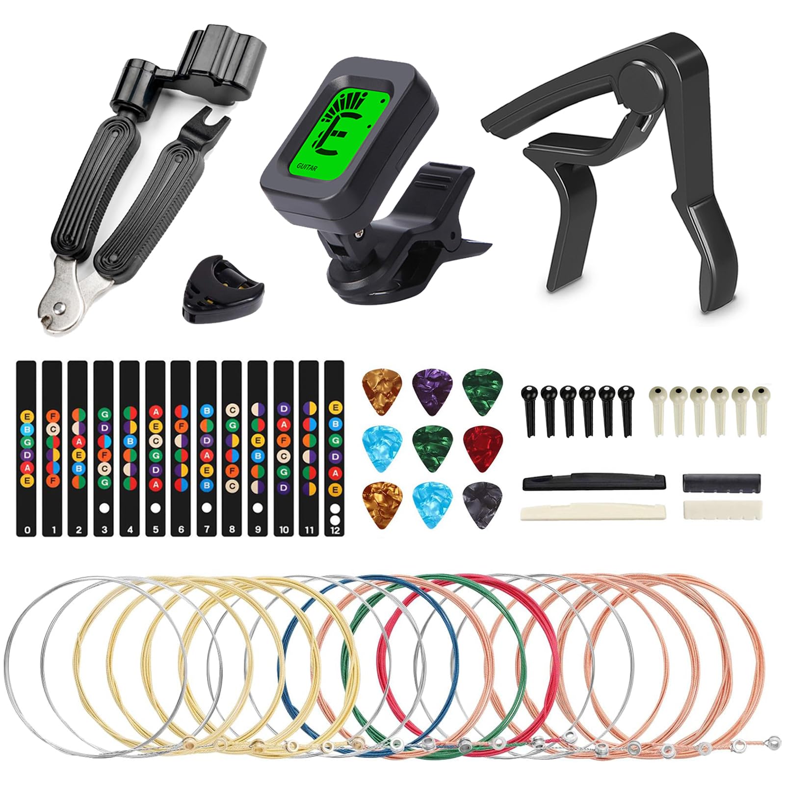 Guitar Accessories Kit Include Acoustic Guitar Strings, Tuner, Capo, 3-In-1 Restring Tool, Pick Holder, Bridge Pins, Nuts & Sadd