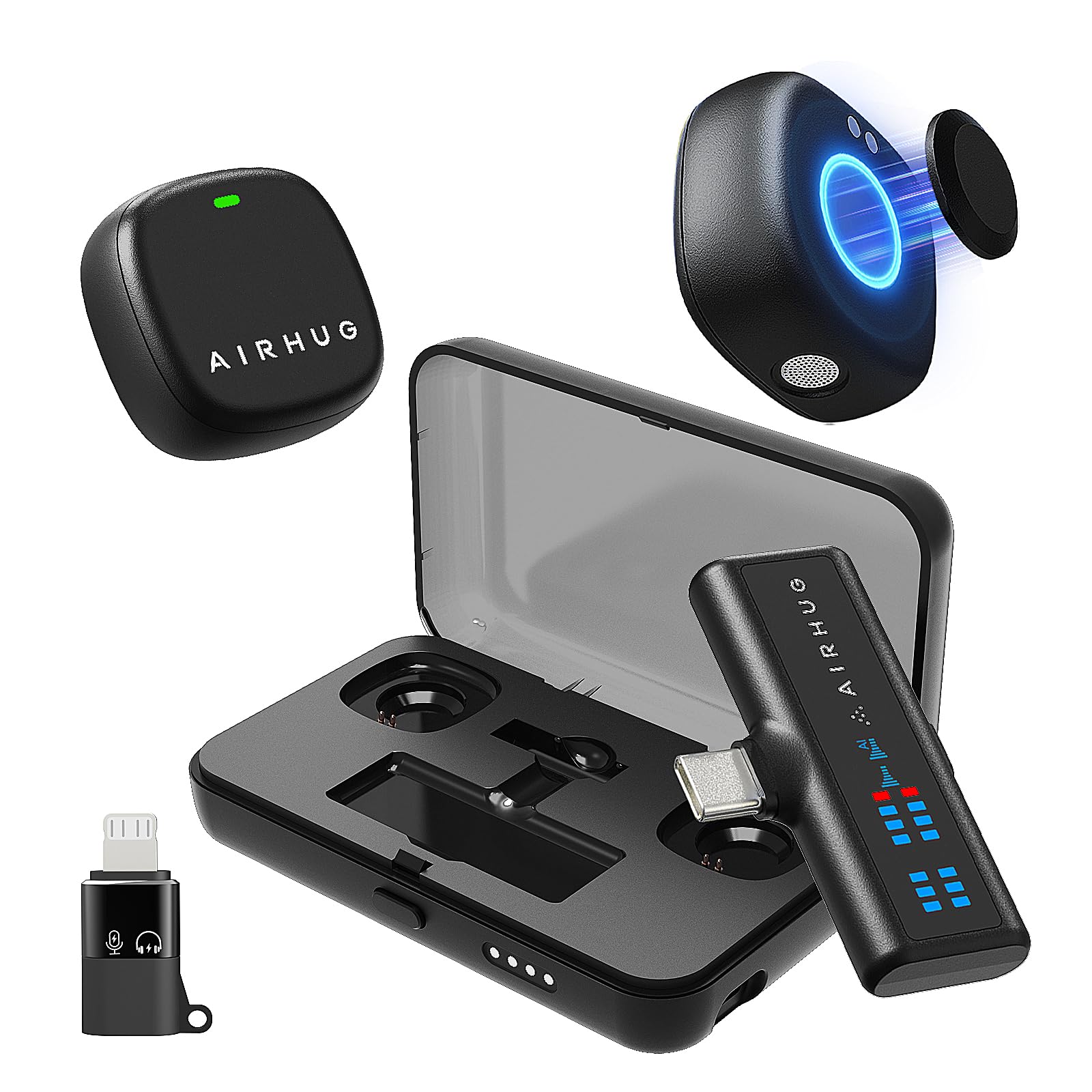 AIRHUG Wireless Lavalier Microphone for iPhone/Android/PC, 60H Battery, 48KHz 24Bit, Plug-Play Lightning/USB-C, 3 Recording Mode