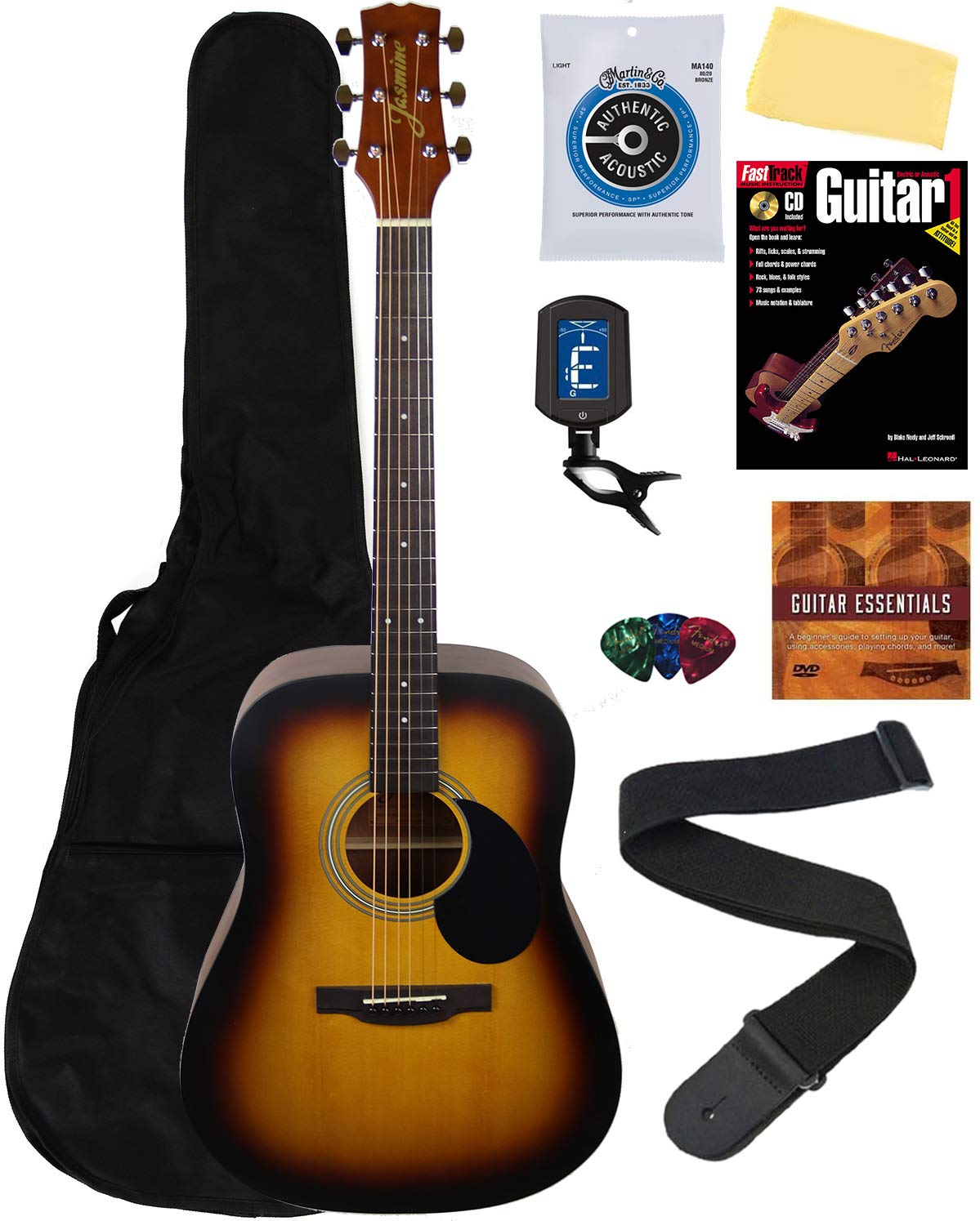 Jasmine S35 Acoustic Guitar - Matte Sunburst Bundle With Gig Bag, Strings, Tuner, Strap, Picks, Instructional Book, Dvd, And Aus