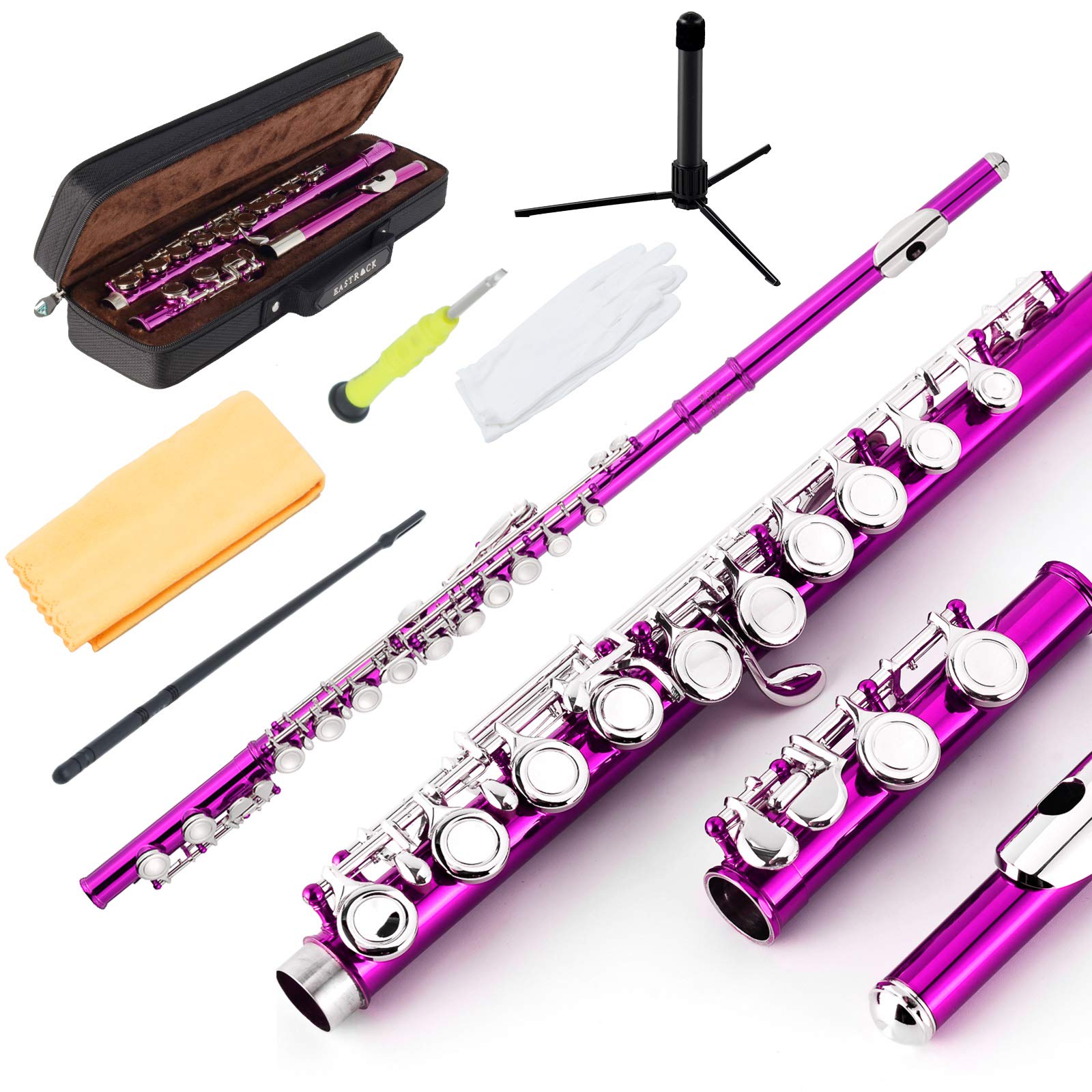 Eastrock Closed Hole Flutes C 16 Key For Beginner, Kids, Student -Nickel Flute With Case Stand And Cleaning Kit (Pink)