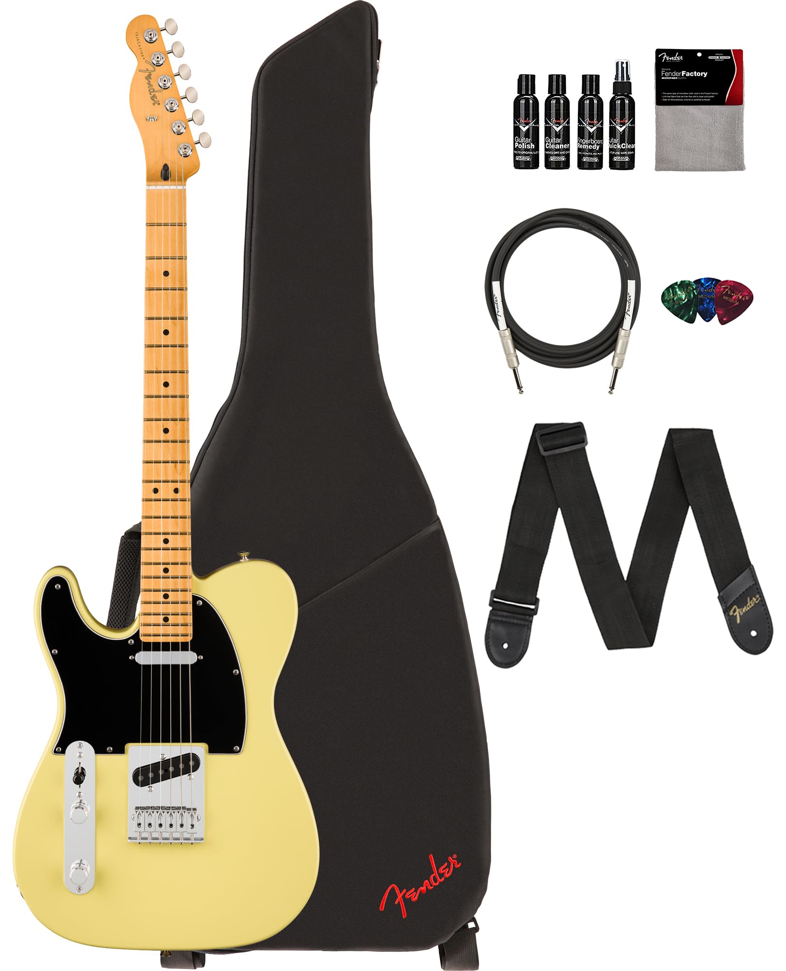 Fender Player Ii Telecaster Left-Handed - Hialeah Yellow Bundle With Gig Bag, Strap, Cable, 3-Pack Picks And Guitar Cleaning Kit