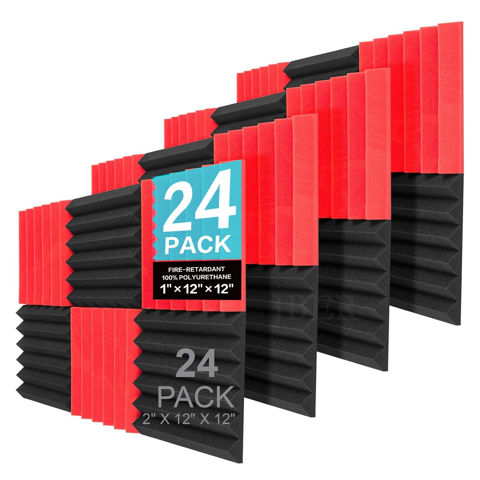 Jber 24 Pack Red And Charcoal Acoustic Panels Studio Foam Wedges Fireproof Soundproof Padding Black Wall Panels 2'' X 12'' X 12'