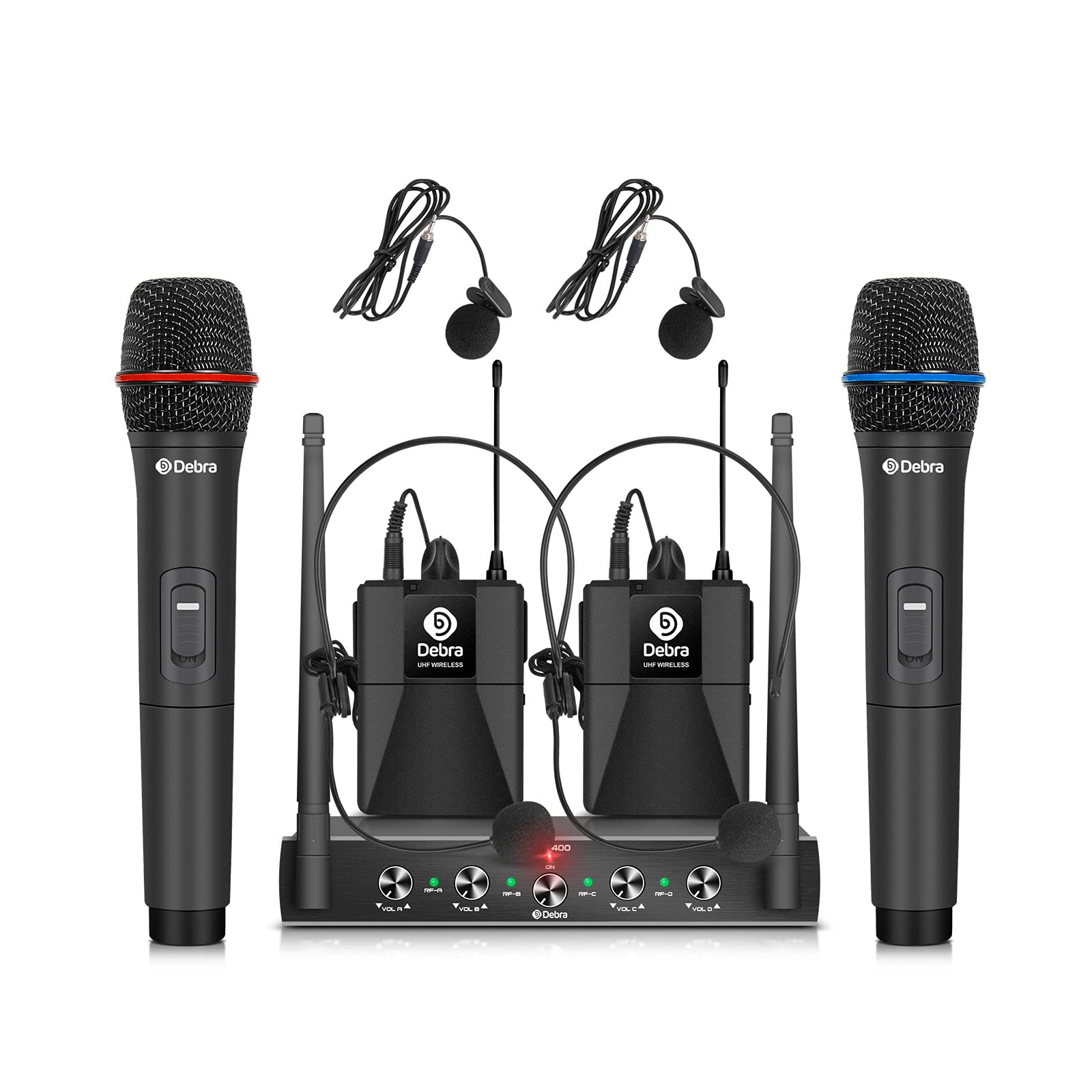 Debra Audio Pro Uhf 4 Channel Wireless Microphone System With Cordless Handheld Lavalier Headset Mics, Metal Receiver, Ideal For