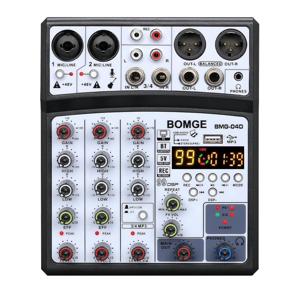 Bomge - 4 Channel 16 Dsp Echo Dj Mixer Audio Mixing Interface Console With Mp3 Usb Bluetooth Stereo Recording 48V Phantom Power 