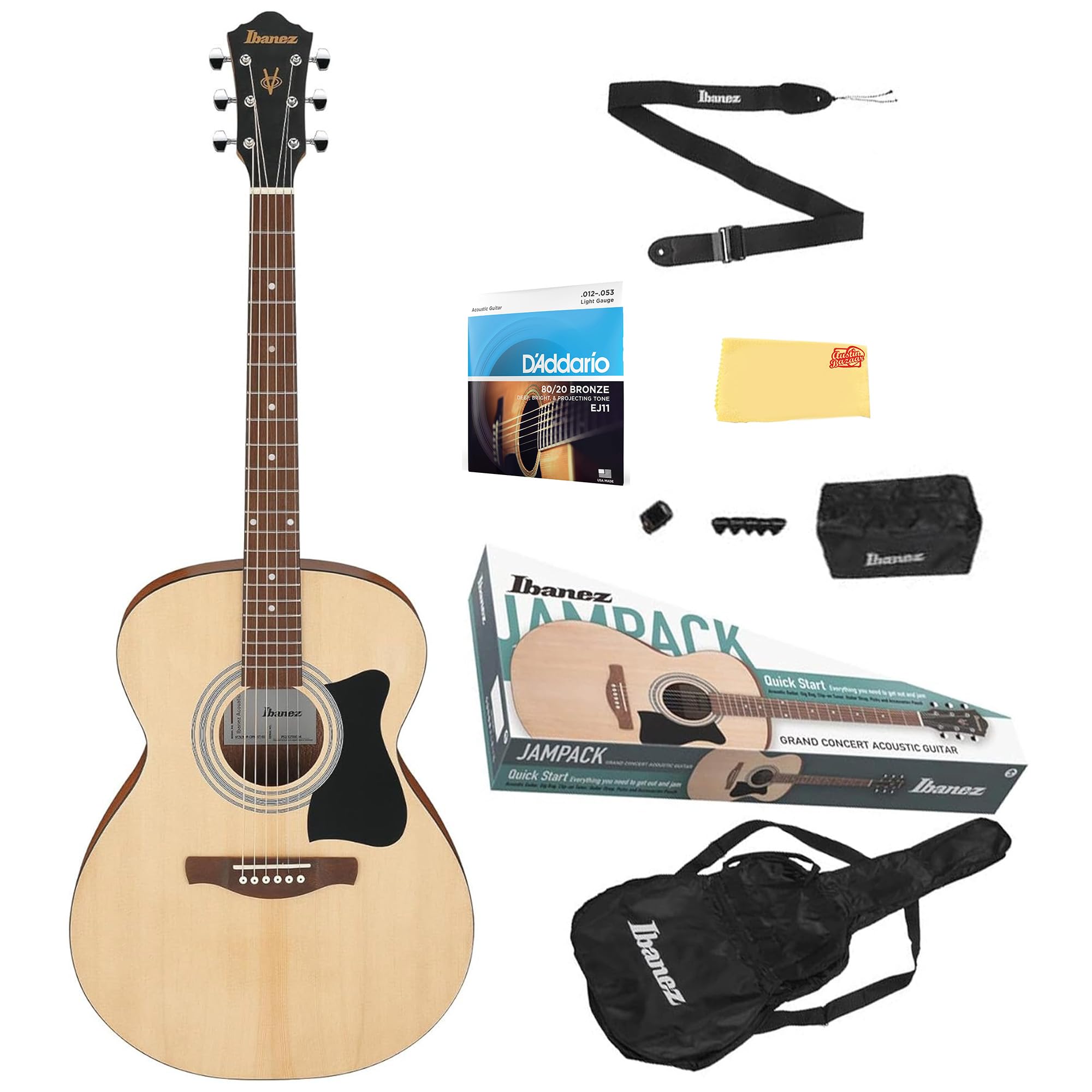 Ibanez IJVC50 JamPack Grand Concert Acoustic Guitar Pack - Open Pore Natural Bundle with Gig Bag, Tuner, Strings, Pouch, Strap, 