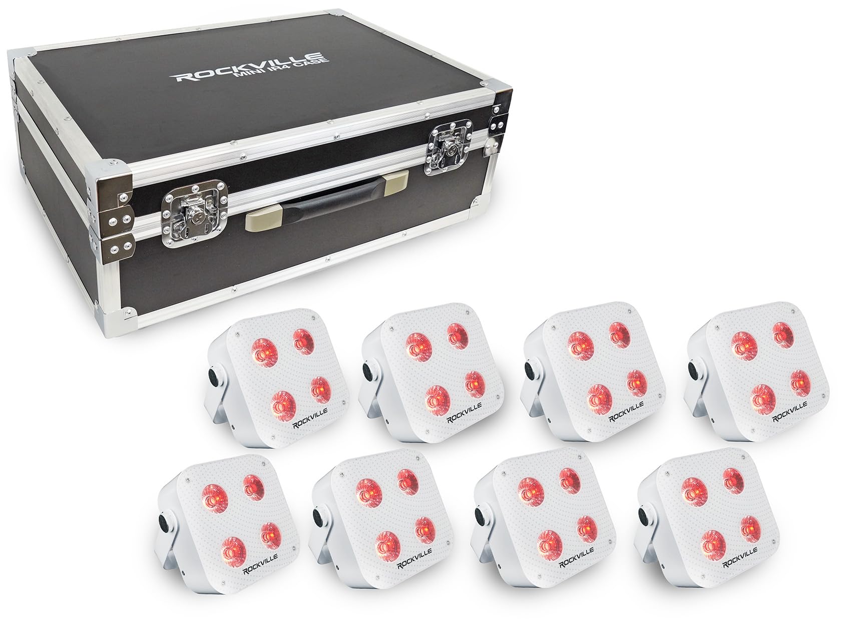 Rockville MINI IR4 Charge Package White (8) 48W DJ Par Wash Up Lights, RGBWA+UV, App Control, Wireless DMX, Rechargeable Battery