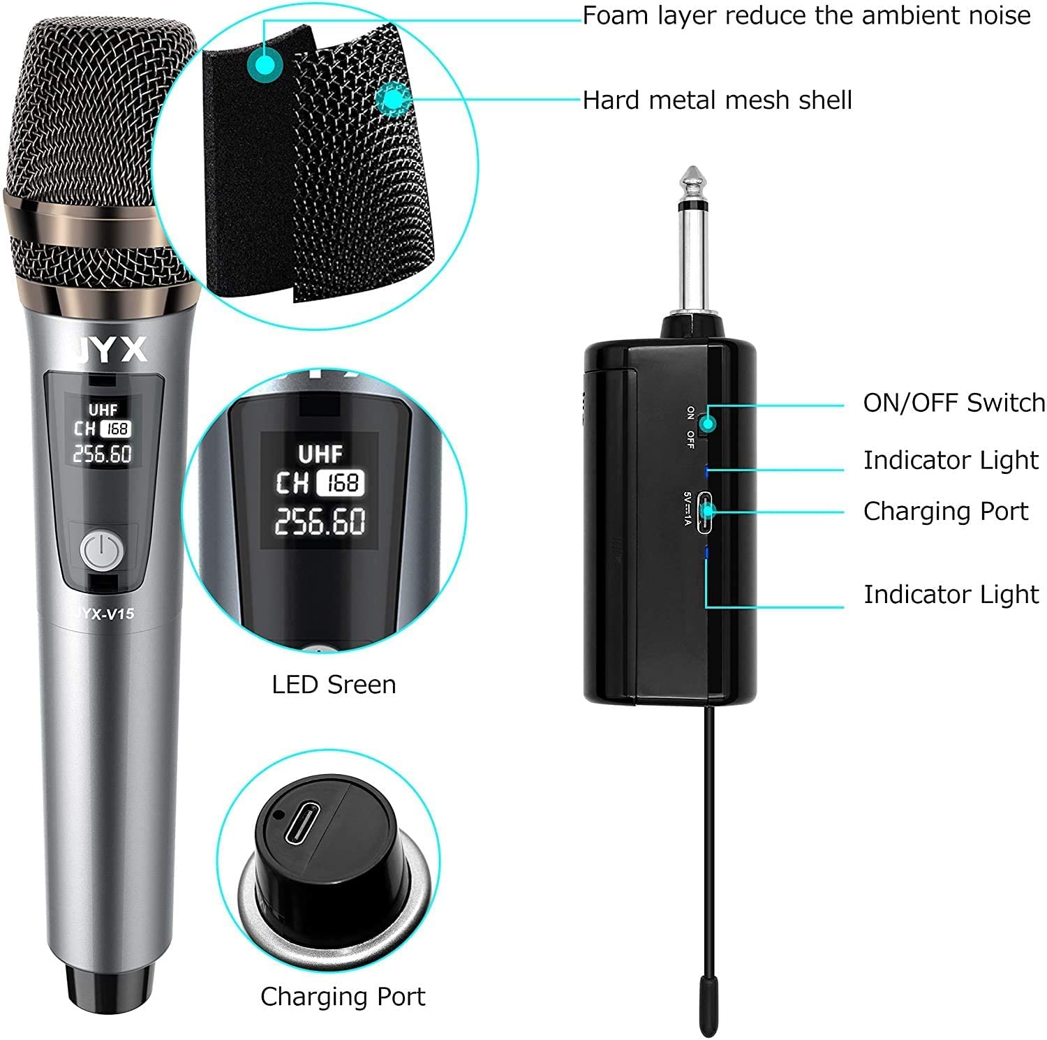JYX Wireless Microphone, Professional UHF Metal Handheld Dynamic Mic System with Rechargeable Receiver 1/4''(6.35mm) Plug, for A
